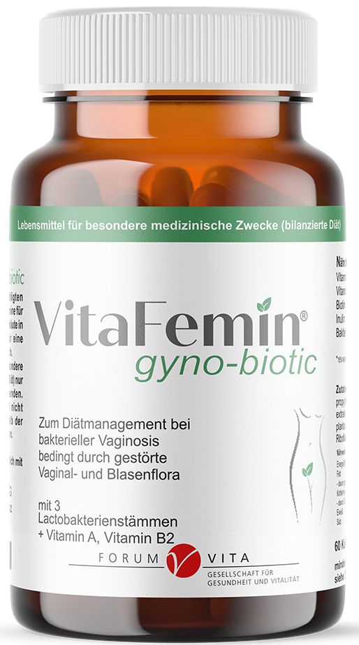 Braune Glasflasche mit Kapseln. Aufschrift VitaFemin gyno-biotic. Enthält Milchsäurebakterien, Vitamin A und B2. Für Vaginal- und Blasenflora.