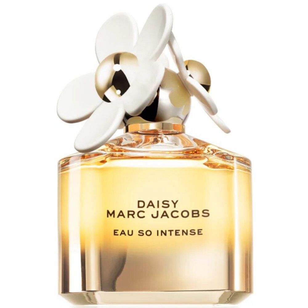 Parfümflakon. Aufschrift: Daisy Marc Jacobs Eau So Intense. Flakon mit weißer Blüte. Goldfarbenes Glas.