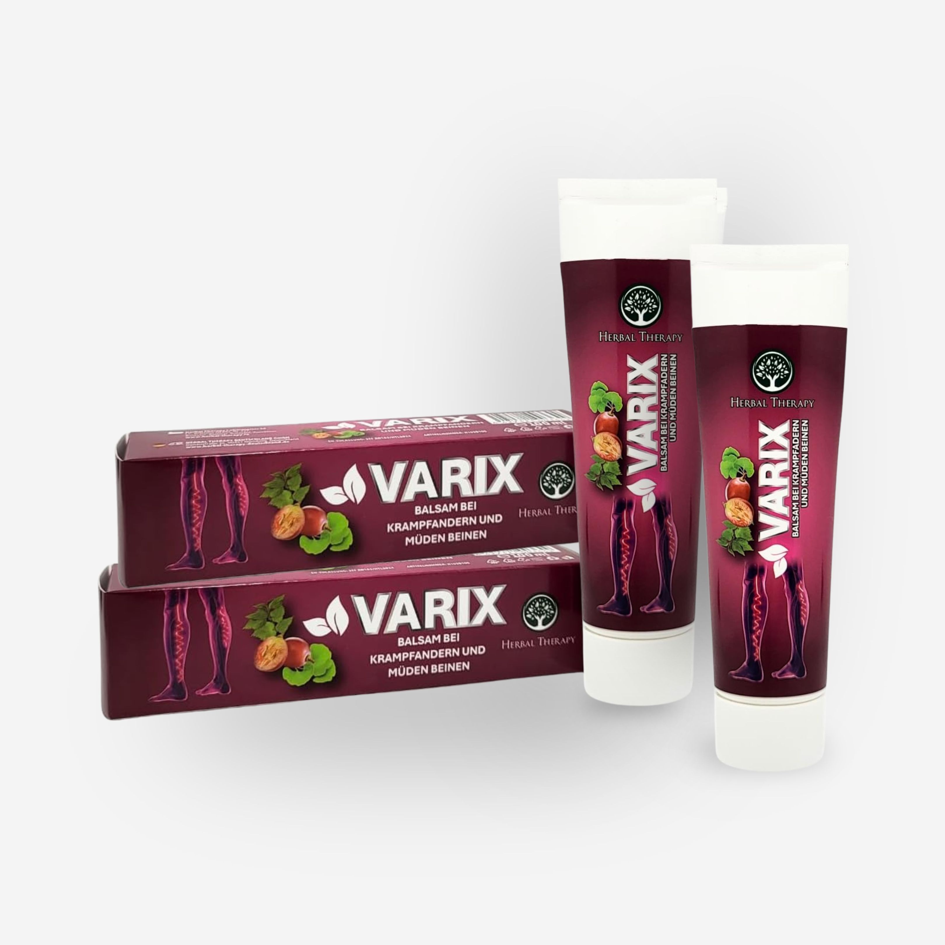 Drei VARIX Balsam Tuben und drei Faltschachteln mit VARIX Balsam.