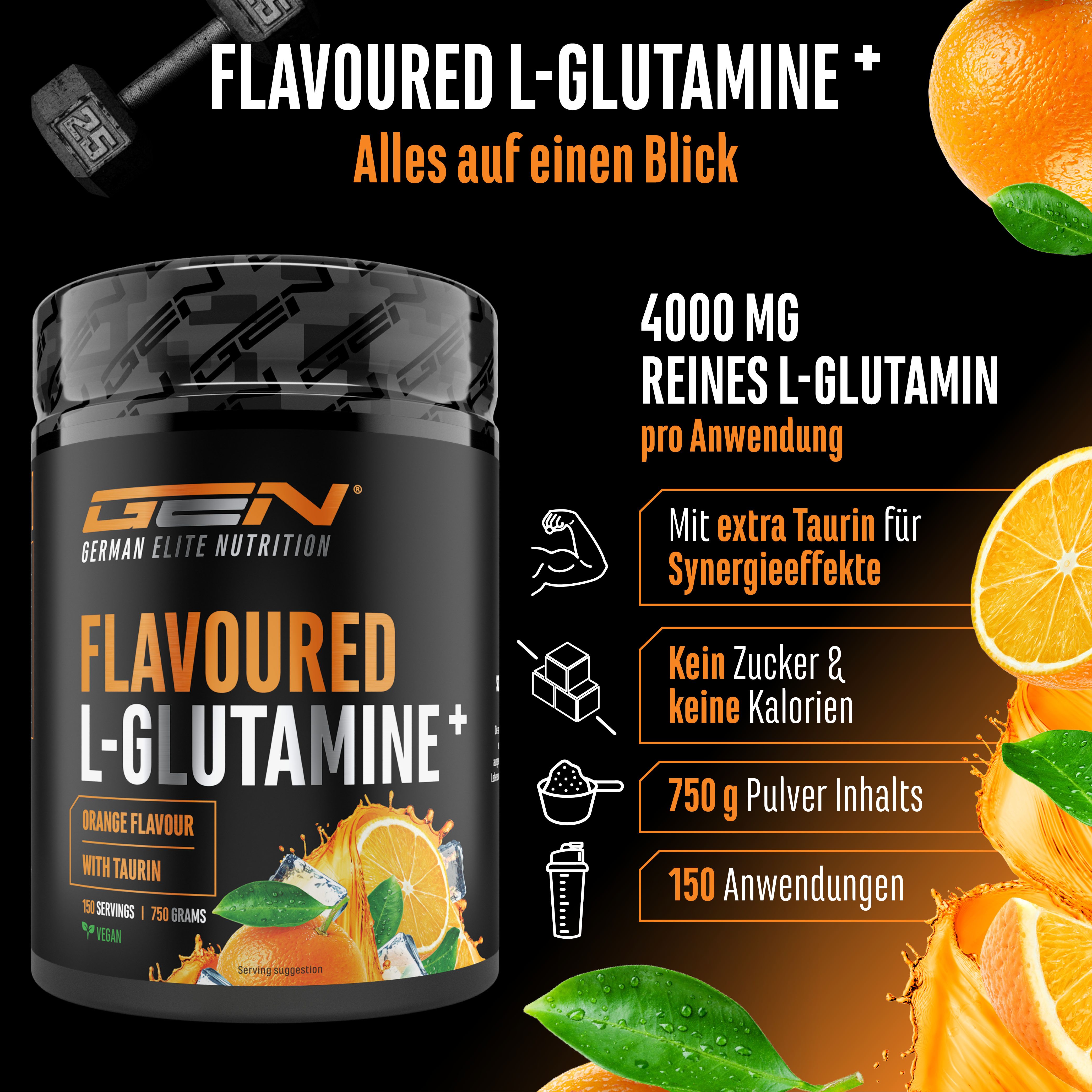 GEN Flavoured L-Glutamine+ Dose. Orange-Geschmack. 750g Pulver. 150 Anwendungen. Enthält Taurin. Ohne Zucker und Kalorien.