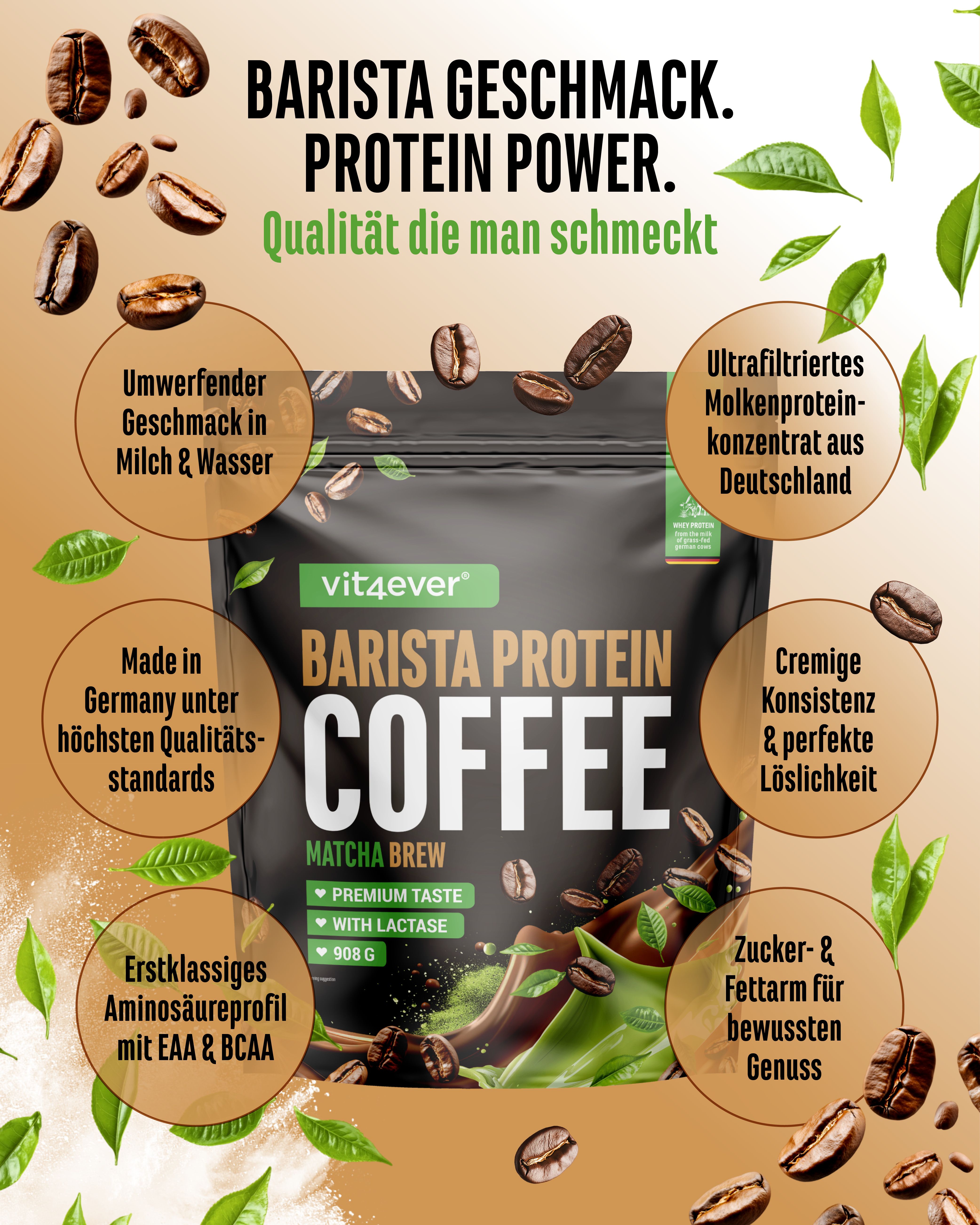 Verpackung "vit4ever Barista Protein Coffee Matcha Brew" mit Text und Infografiken. Enthält Informationen über Inhaltsstoffe und Vorteile. 908g.