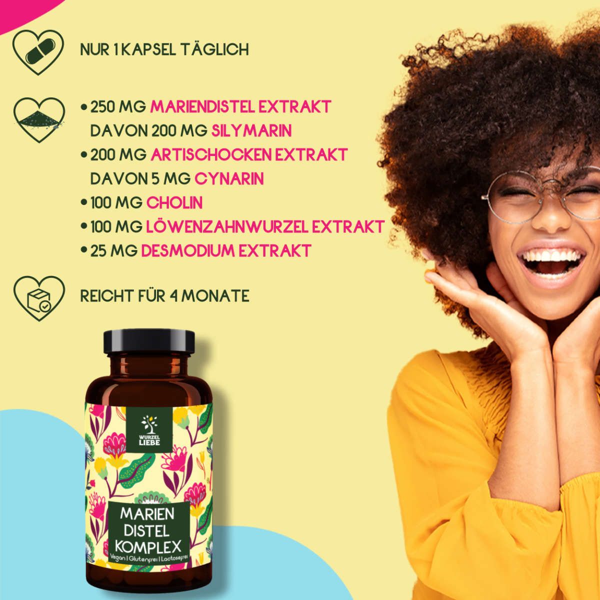 Braune Flasche mit floralem Etikett. Text: Mariendistel Komplex. Frau lächelt. Text: 1 Kapsel täglich, 4 Monate, Inhaltsstoffe.