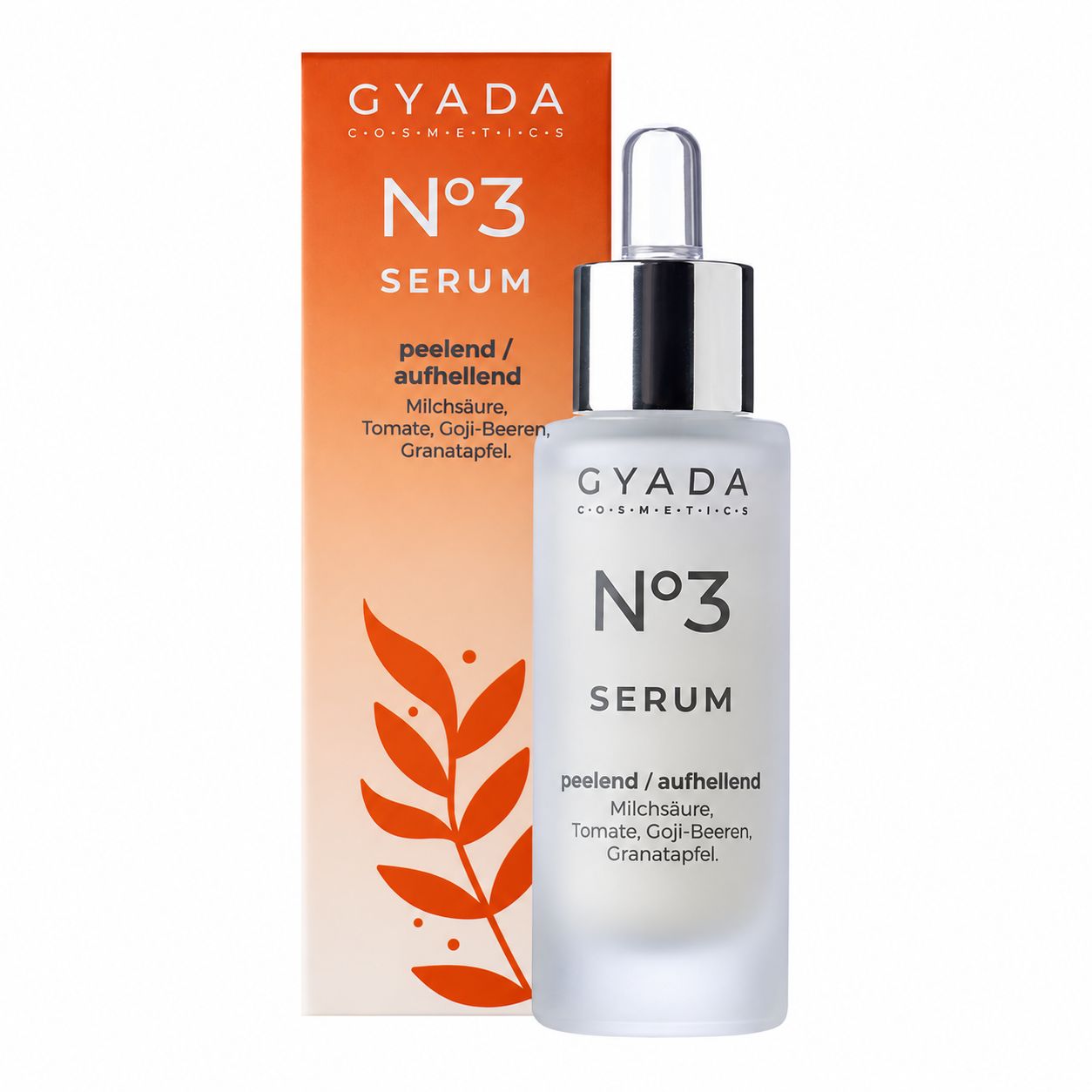 Gyada Cosmetics N°3 Serum in einem matten Glasflakon mit silbernem Pipettenverschluss und Umverpackung.