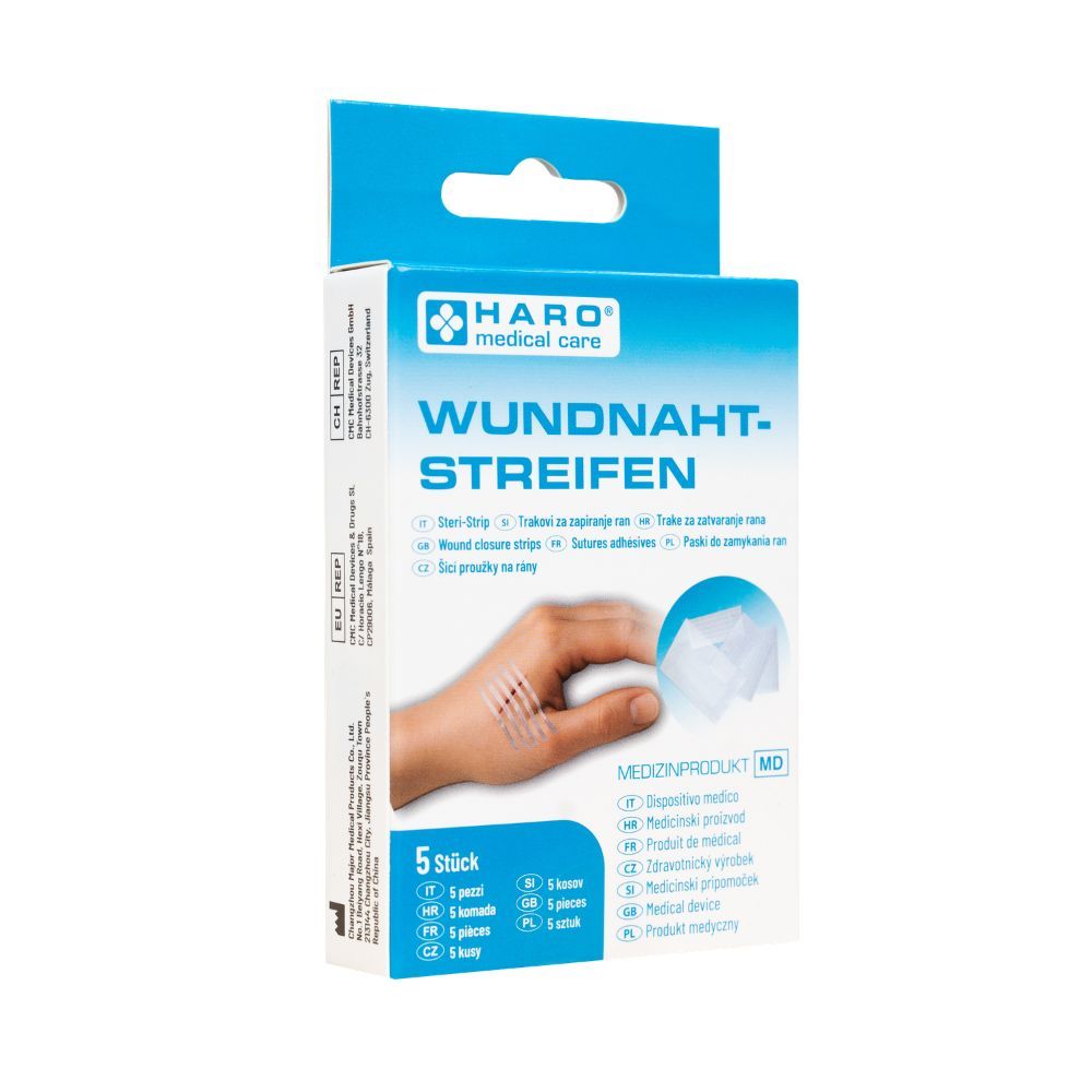 Haro Wundnahtstreifen-Verpackung. 5 Stück. Medizinprodukt. Hand mit Wunde und Streifen. Blaue und weiße Verpackung.