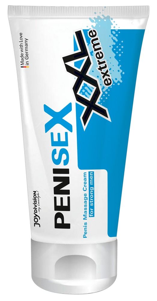 Weiße Tube mit blauem Streifen. Schriftzug PENISEX XXL extreme. Text: Penis Massage Cream for strong men. Logo: Joydivision.