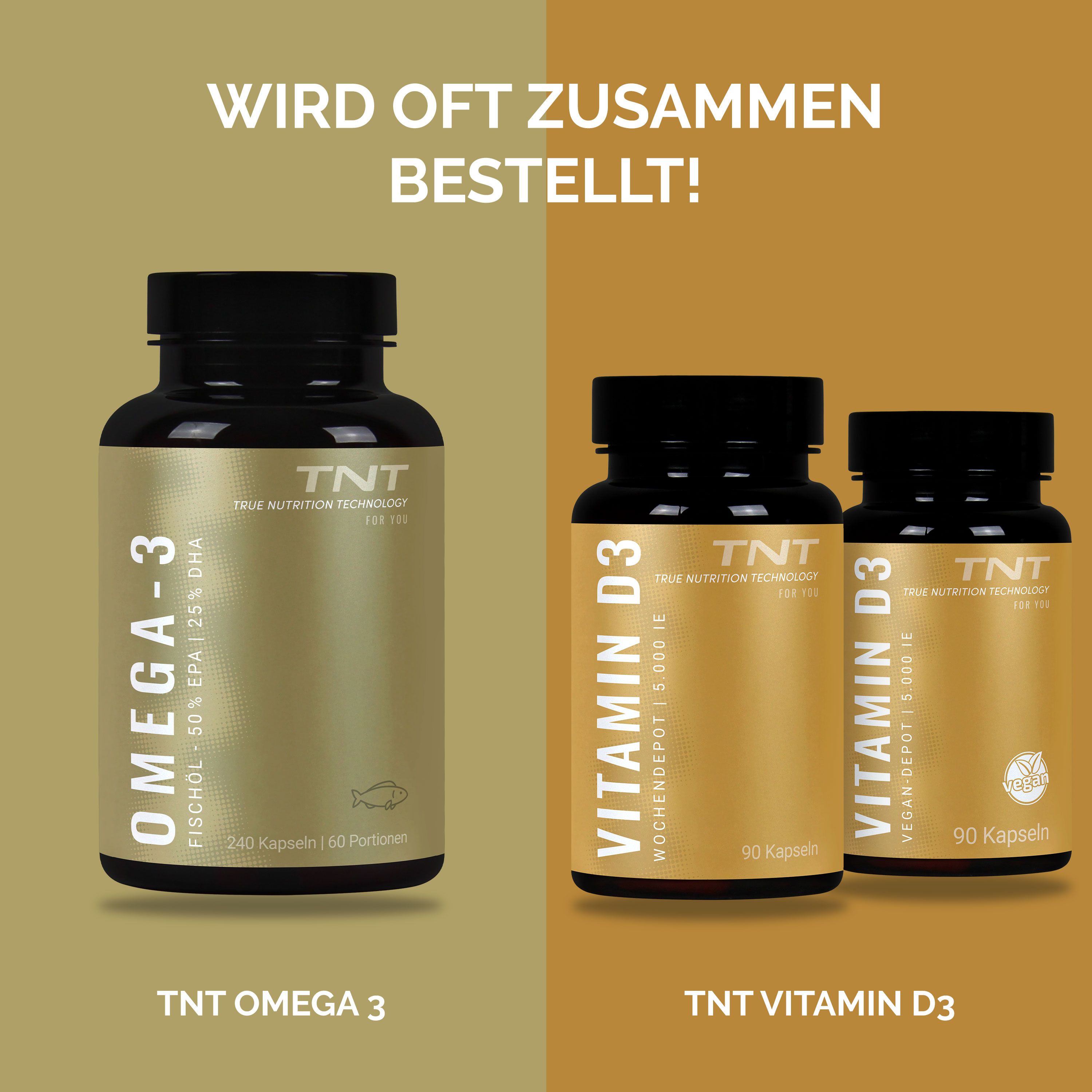 Drei Flaschen: Omega-3, Vitamin D3. Text: Wird oft zusammen bestellt!