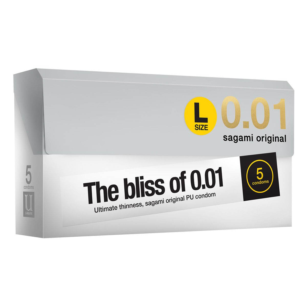 Schachtel mit Kondomen. Aufschrift: L Size 0.01, sagami original. Text: The bliss of 0.01. Enthält 5 Kondome.