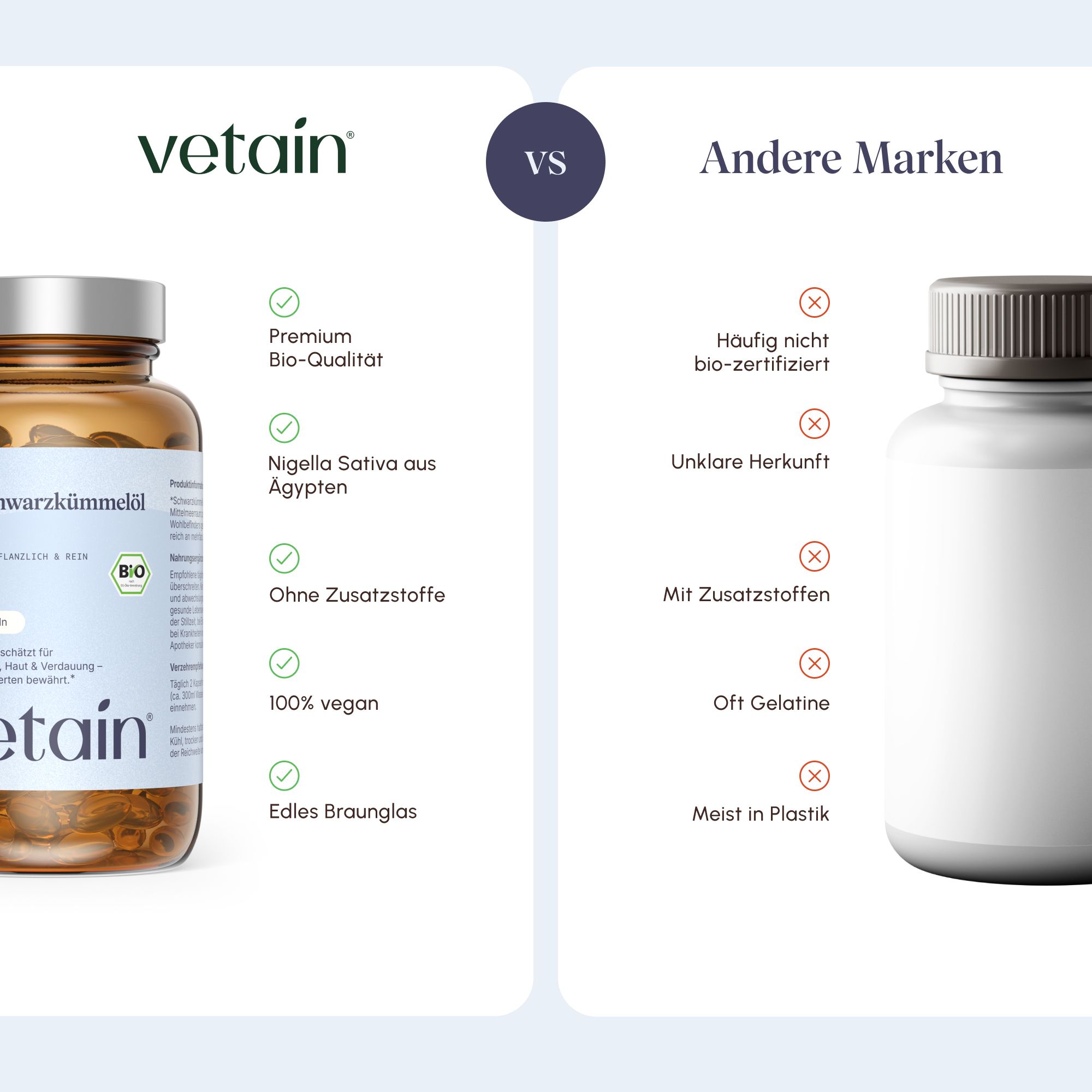 Vergleich von VETAIN Bio Schwarzkümmelöl Kapseln mit anderen Marken, Hervorhebung von Vorteilen.
