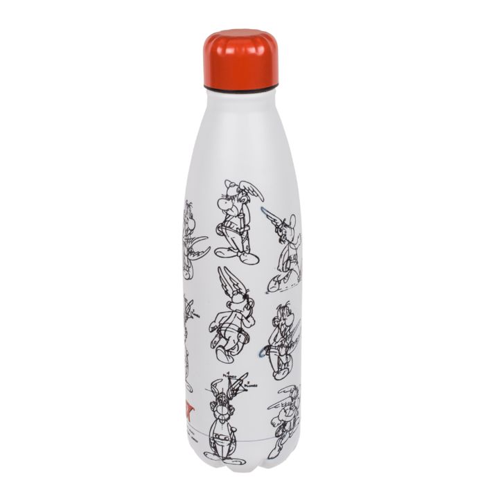 Weiße Trinkflasche mit rotem Deckel und Asterix-Zeichnungen. Metallflasche.