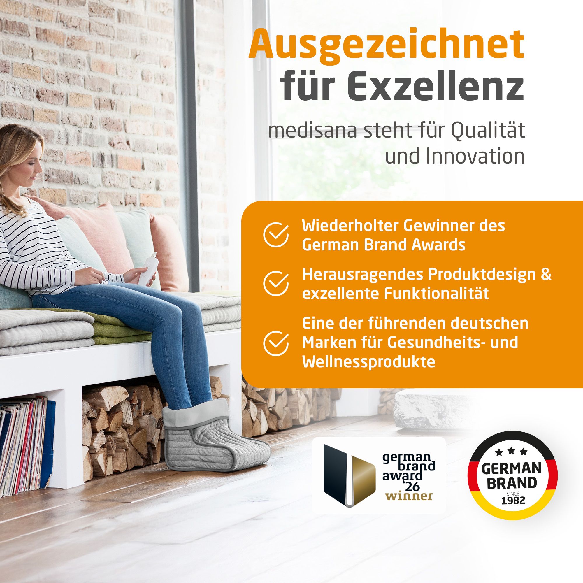 Grauer Fußwärmer, mehrfacher Gewinner des German Brand Awards für Design und Funktionalität.