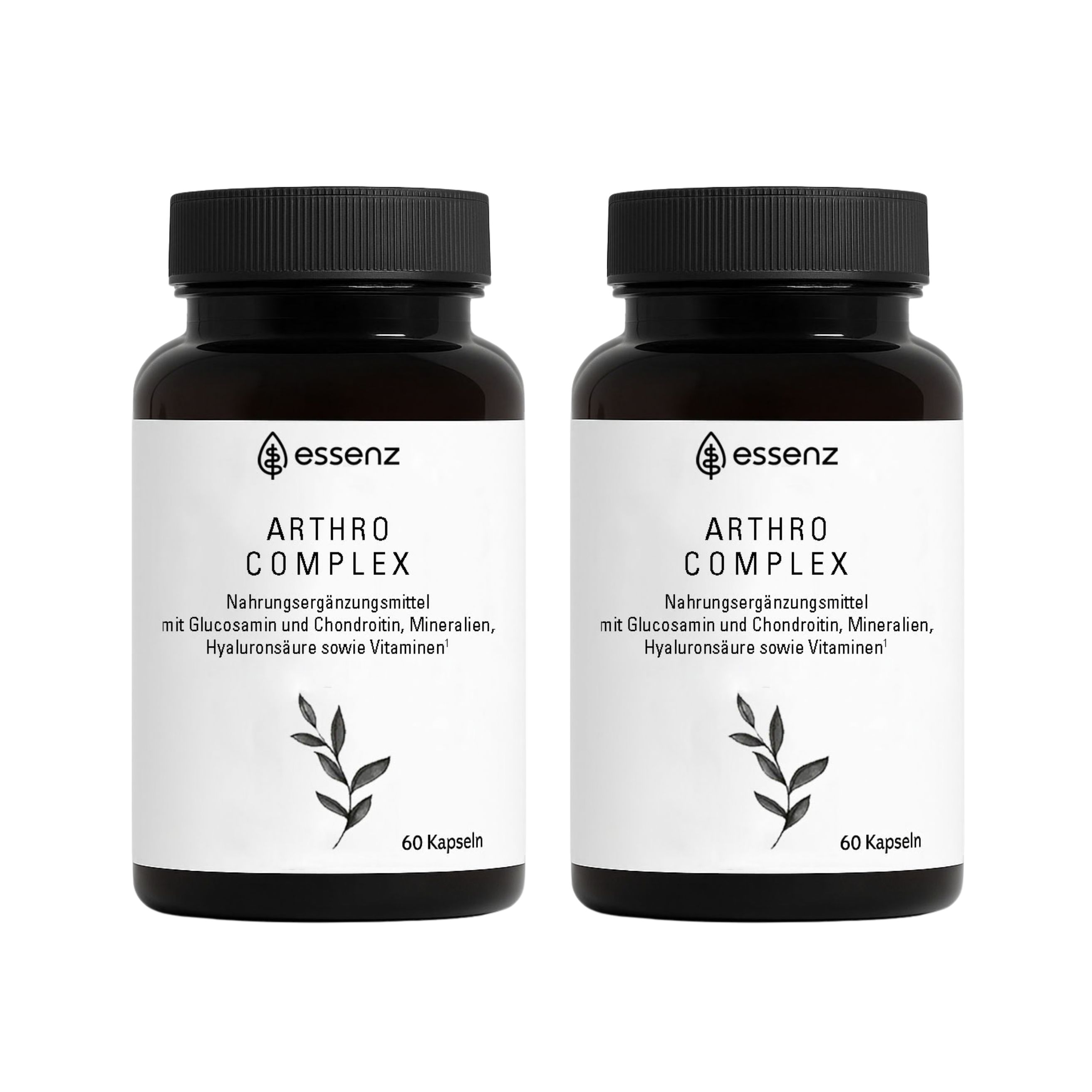 Zwei Flaschen ESSENZ Arthro Complex. Schwarze Deckel, weiße Etiketten. Text: 60 Kapseln.