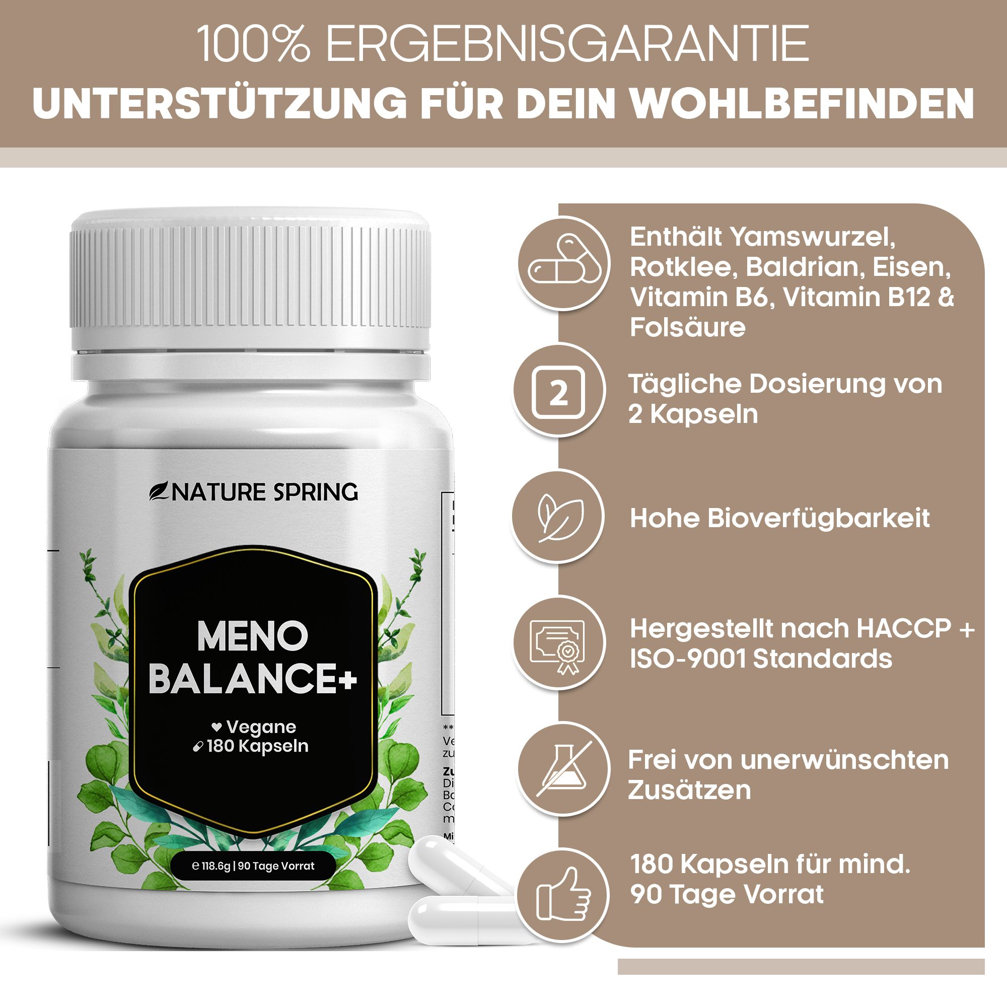 Nature Spring Meno Balance+ Dose mit 180 Kapseln. Enthält Yams, Rotklee, Baldrian, Eisen.