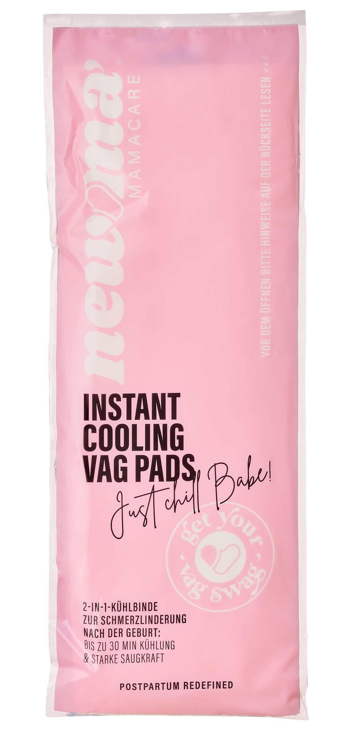 Rosa Verpackung mit Kühlbinden. Aufschrift: "newma mamacare", "INSTANT COOLING VAG PADS".