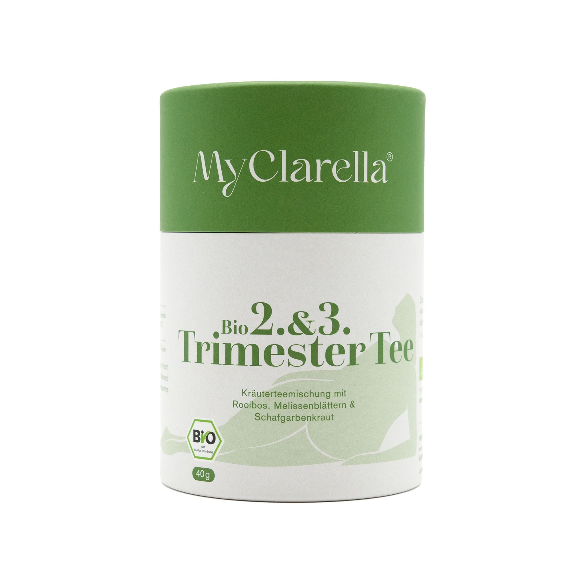 Zylindrische Dose mit grünem Deckel. Produktname: MyClarella Bio 2.&3. Trimester Tee. Bio-Zertifizierung. 40g.