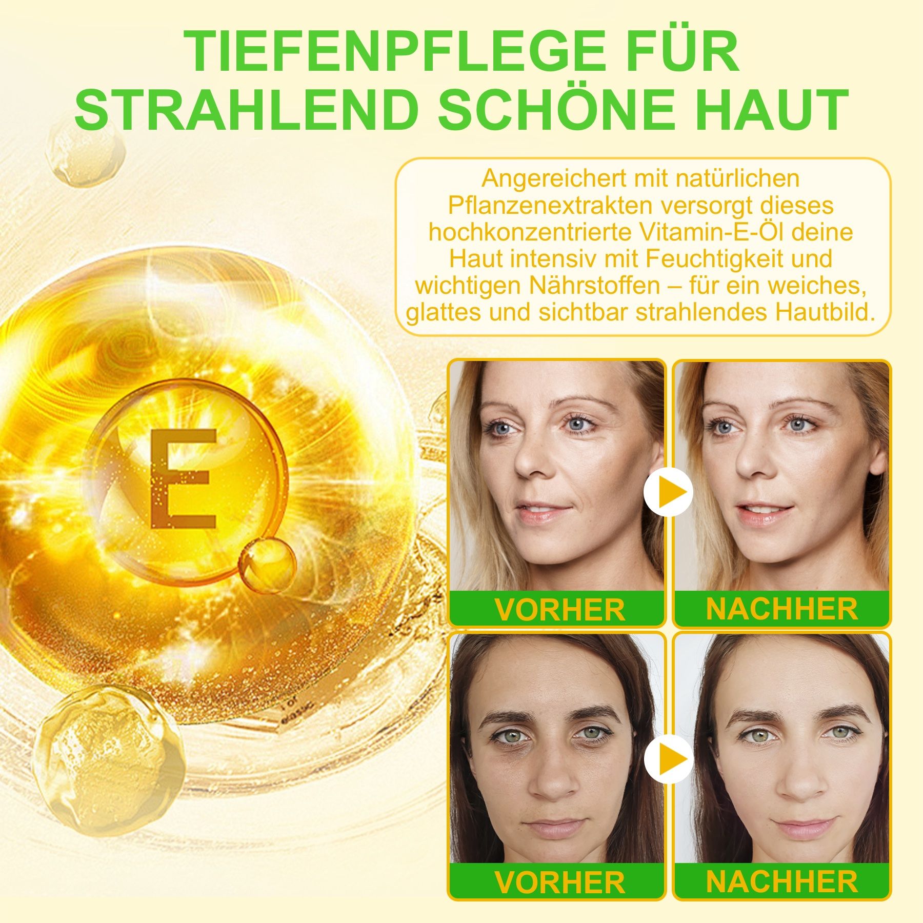 Vorher-Nachher-Bilder. Frauengesichter. Text: Tiefenpflege für strahlend schöne Haut. Angereichert mit Pflanzenextrakten.