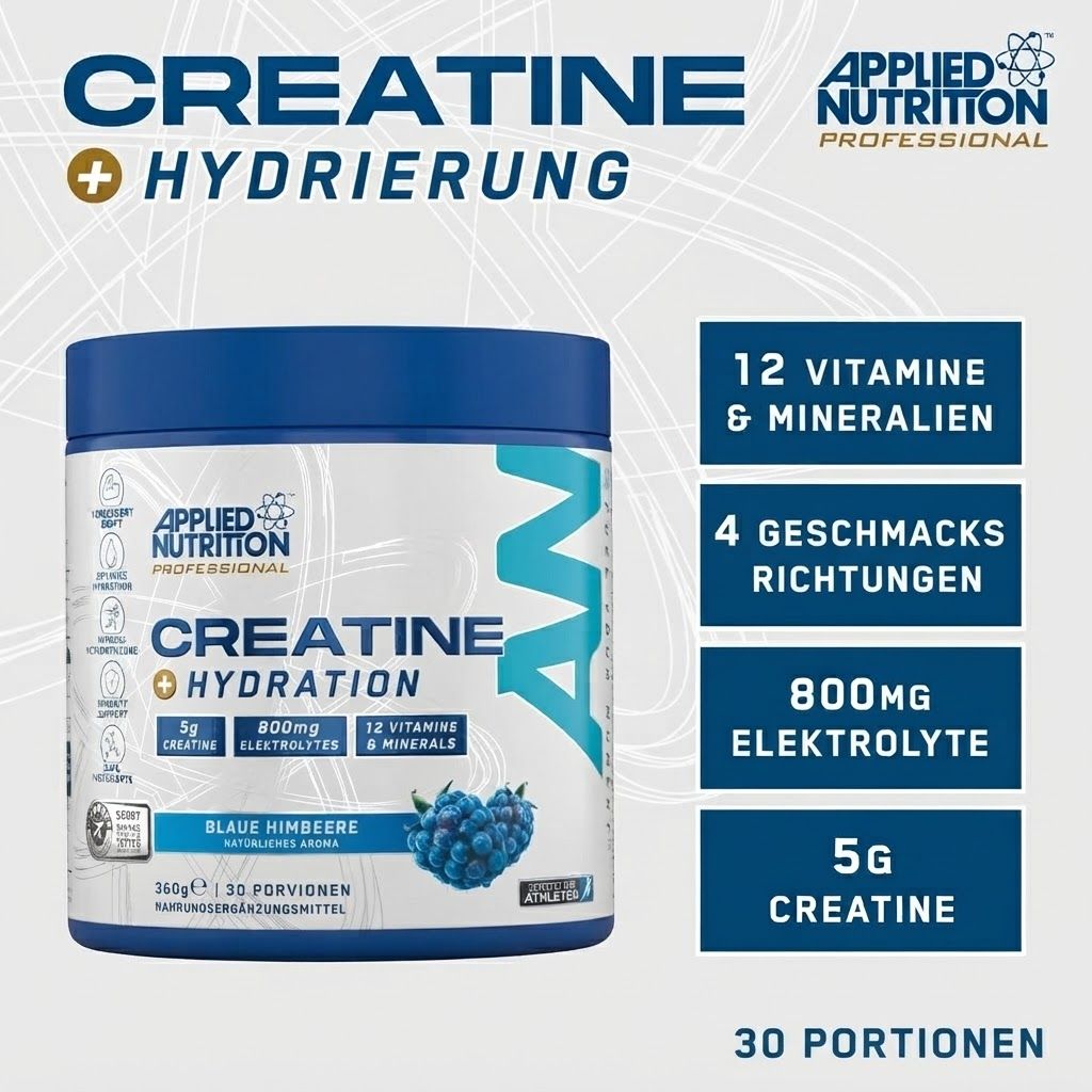Dose 'Applied Nutrition Creatine Hydration' (Blaue Himbeere) mit 360g, 30 Portionen. Enthält 5g Kreatin, 800mg Elektrolyte, 12 Vitamine & Mineralien.