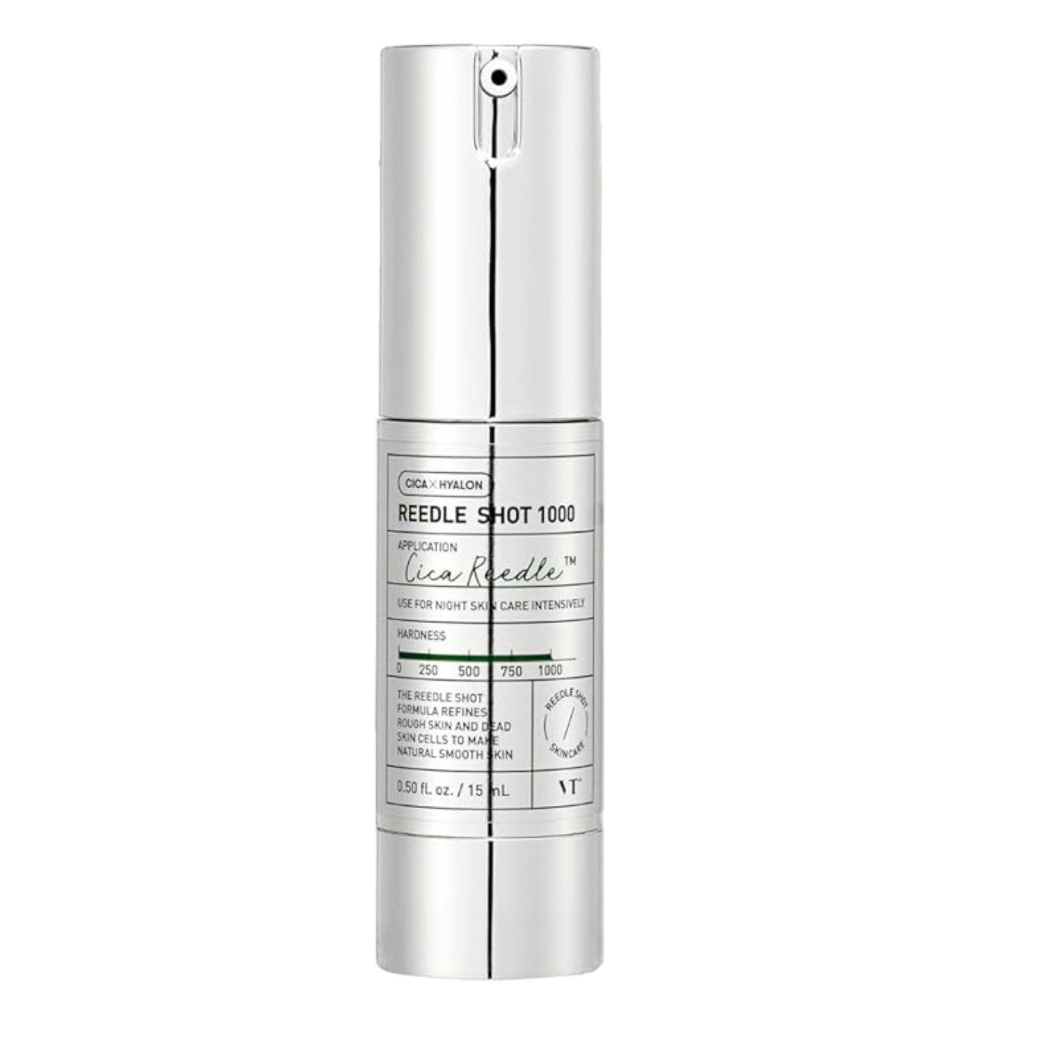 Silberne Flasche mit weißem Etikett. Text: Reedle Shot 1000. Anwendung: Cica Reedle. Für Nachtpflege. Härte: 250, 500, 750, 1000.