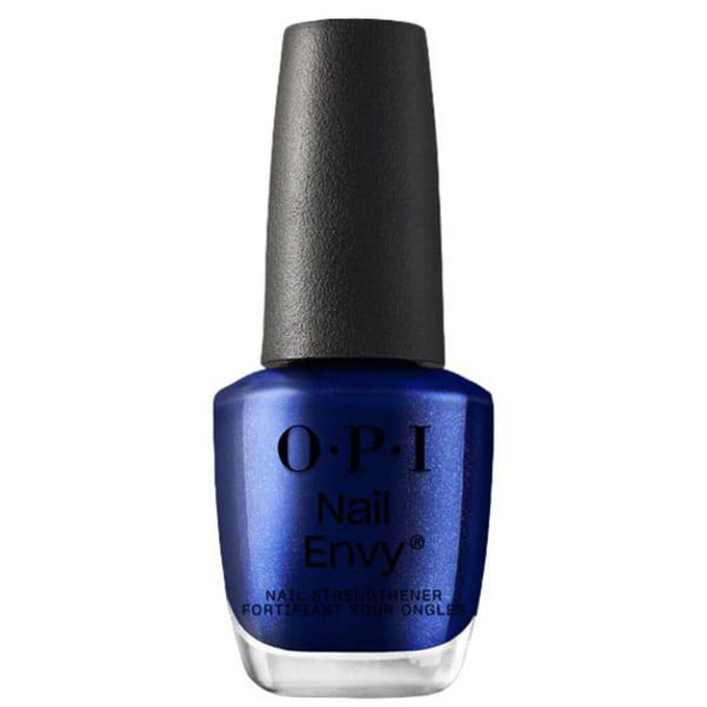 Blau lackierte Flasche mit schwarzem Deckel. OPI Nail Envy-Logo und Produktbezeichnung.