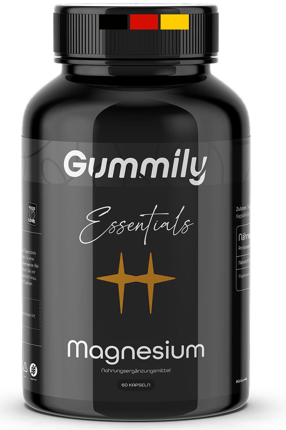 Schwarze Flasche mit Gummily Essentials Magnesium Kapseln. Deckel mit Deutschlandflagge. Schriftzug Magnesium, 60 Kapseln.