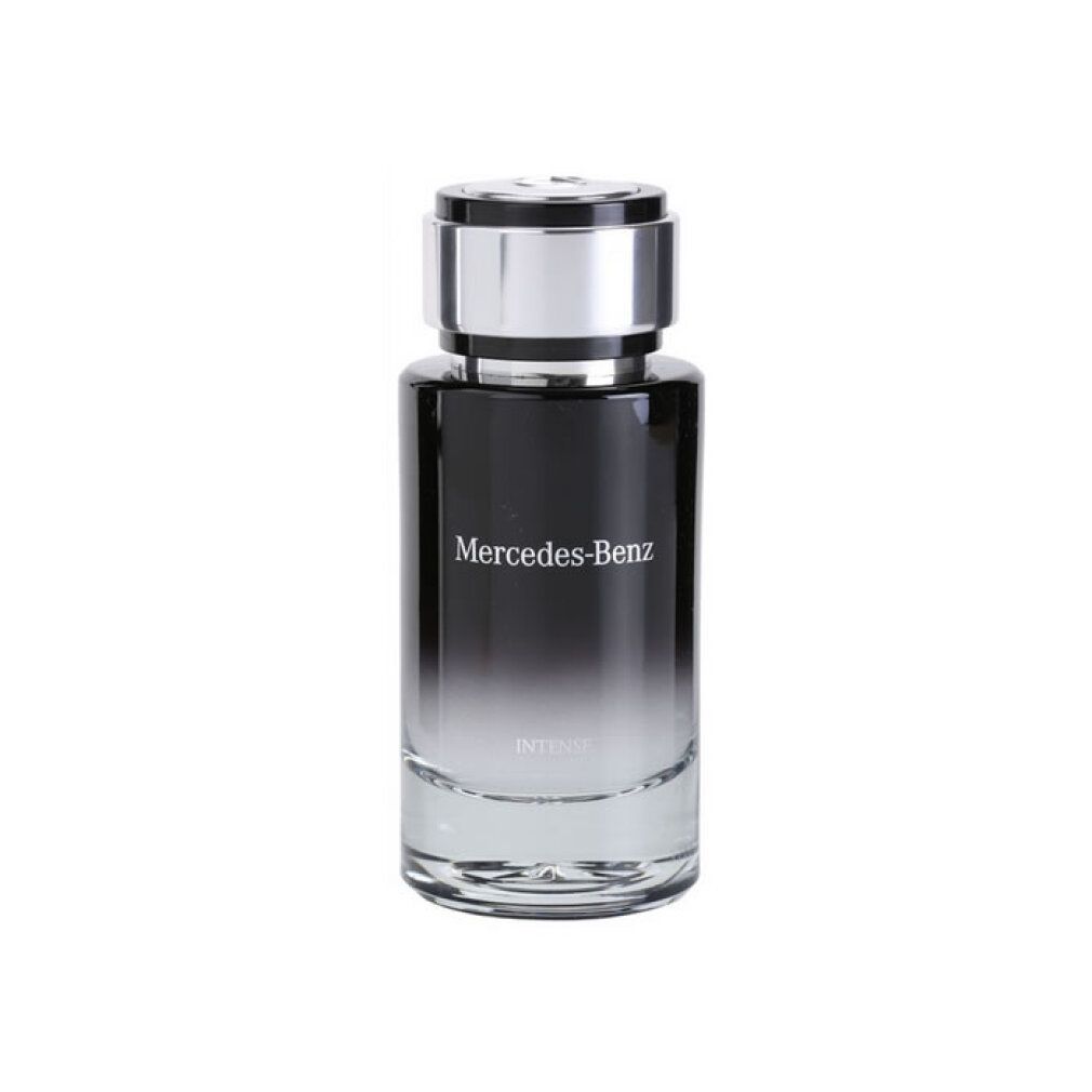 Glasflakon mit silbernem Verschluss. 'Mercedes-Benz Intense' Schriftzug. Farbverlauf von Schwarz nach Transparent.