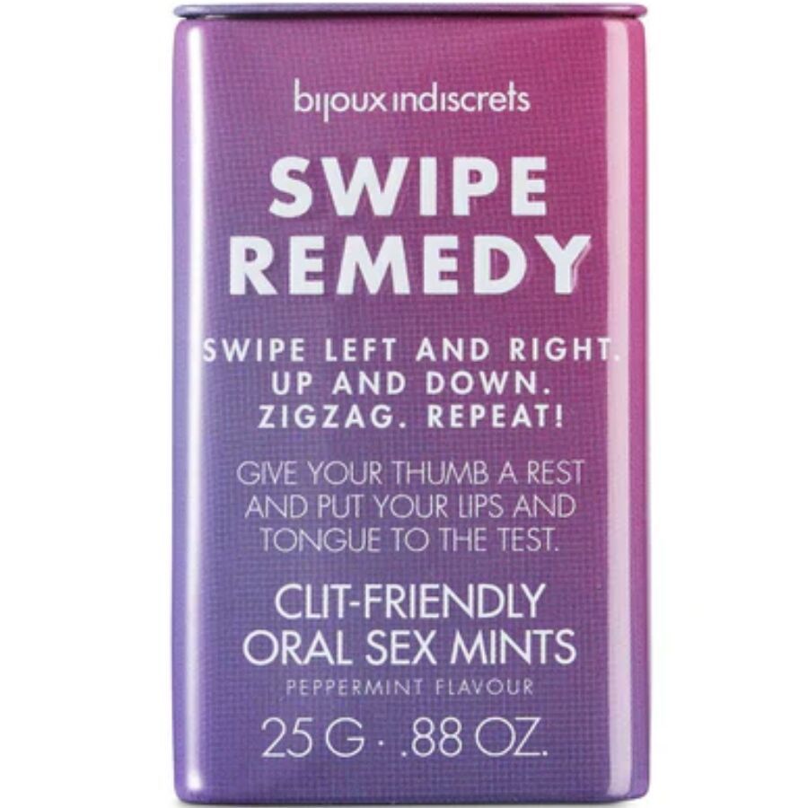 Lila Dose mit "Swipe Remedy"-Aufdruck. Text: "Clit-Friendly Oral Sex Mints". Peppermint Flavour. 25 G .88 OZ.