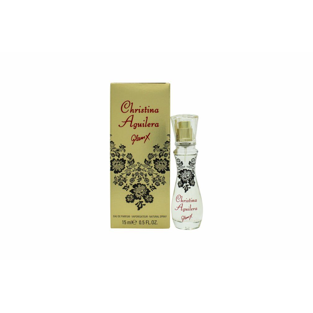 Parfümflakon mit goldfarbener Verpackung. Aufschrift: Christina Aguilera Glam X. Schwarzes Blumenmuster. 15 ml.