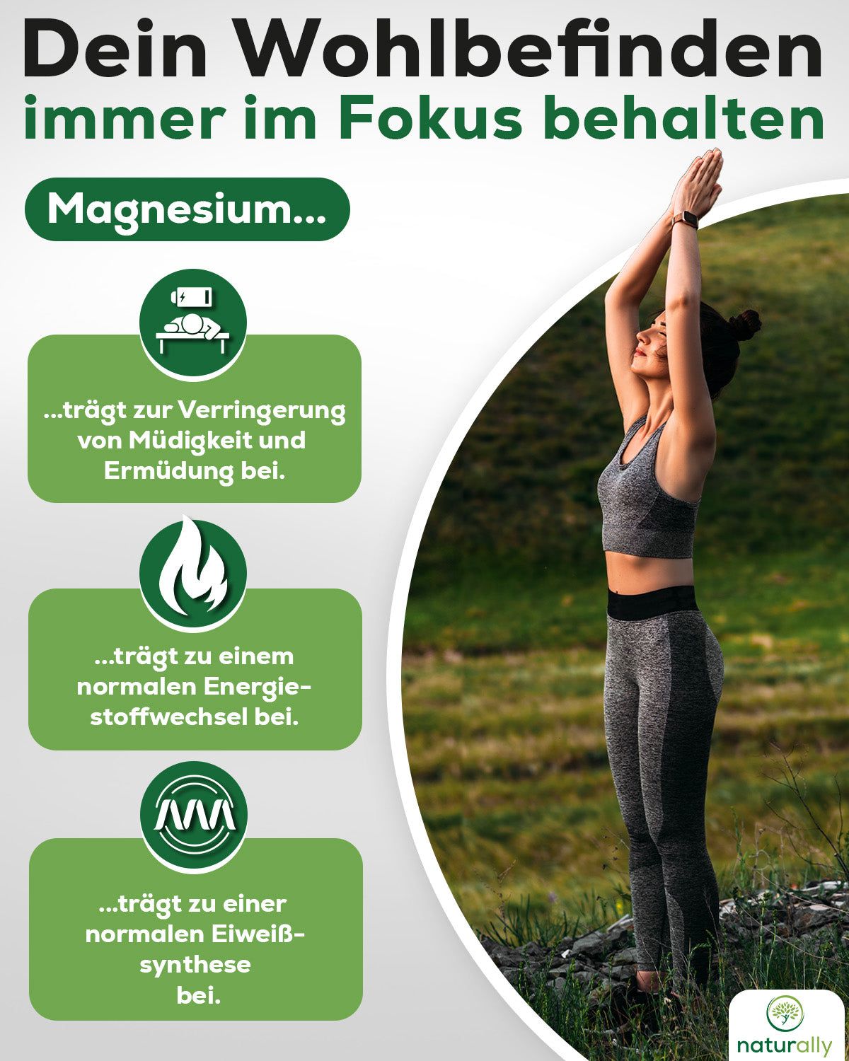 Frau in Sportkleidung, Arme nach oben. Text: Magnesium... trägt zur Verringerung von Müdigkeit.
