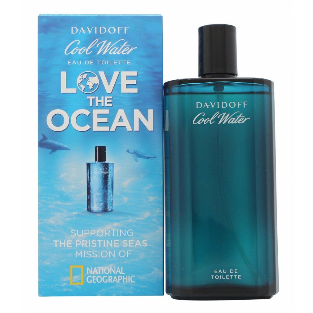 Davidoff Cool Water Eau de Toilette Flakon und Verpackung. Blau-grüner Flakon, blaue Verpackung mit Logo und Schriftzug.