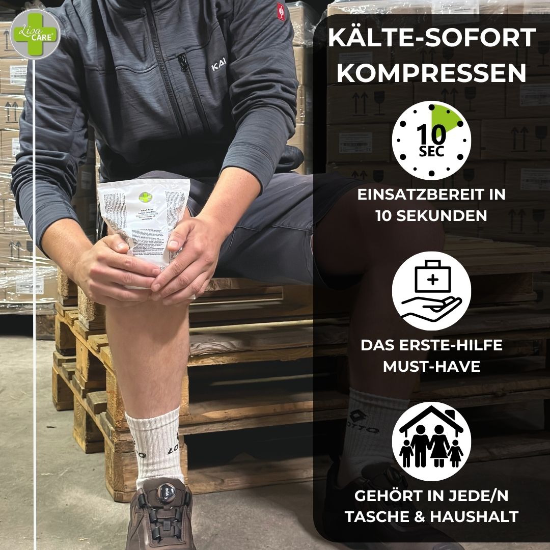 Mann mit Kompresse am Knie. Text: Kälte-Sofort Kompressen. Einsatzbereit in 10 Sekunden. Erste-Hilfe-Must-Have. Logo LisaCare.