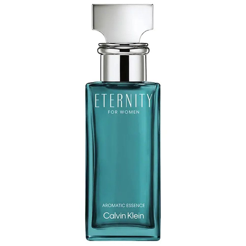 Türkisgrüner Flakon mit silbernem Verschluss. Aufschrift: Eternity for Women, Aromatic Essence, Calvin Klein.