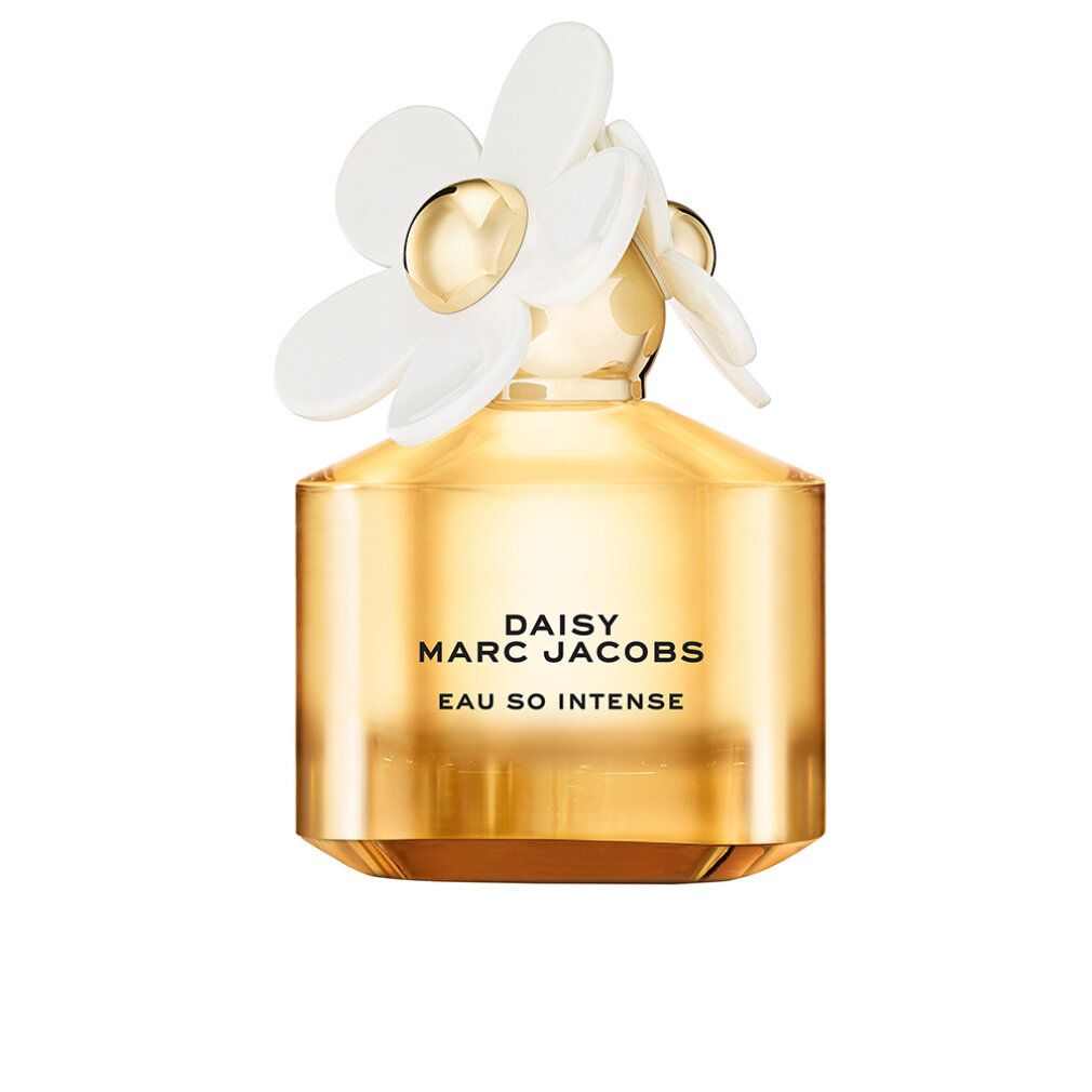 Goldfarbener Flakon mit weißer Blüte. Aufschrift: Daisy Marc Jacobs Eau So Intense.