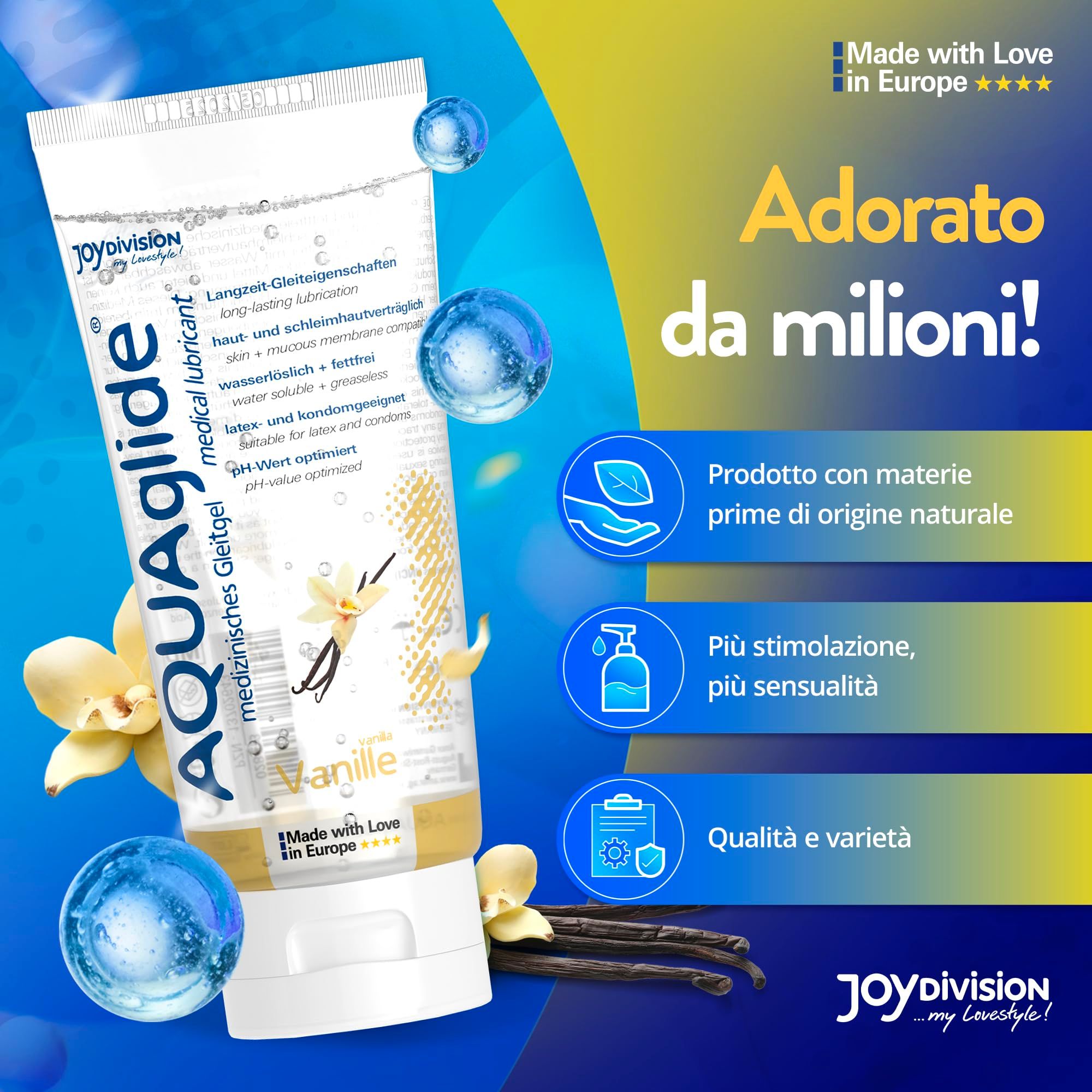 AQUAGLIDE Vanille Gleitgel Tube mit Icons für natürliche Inhaltsstoffe, Stimulation und Qualität.