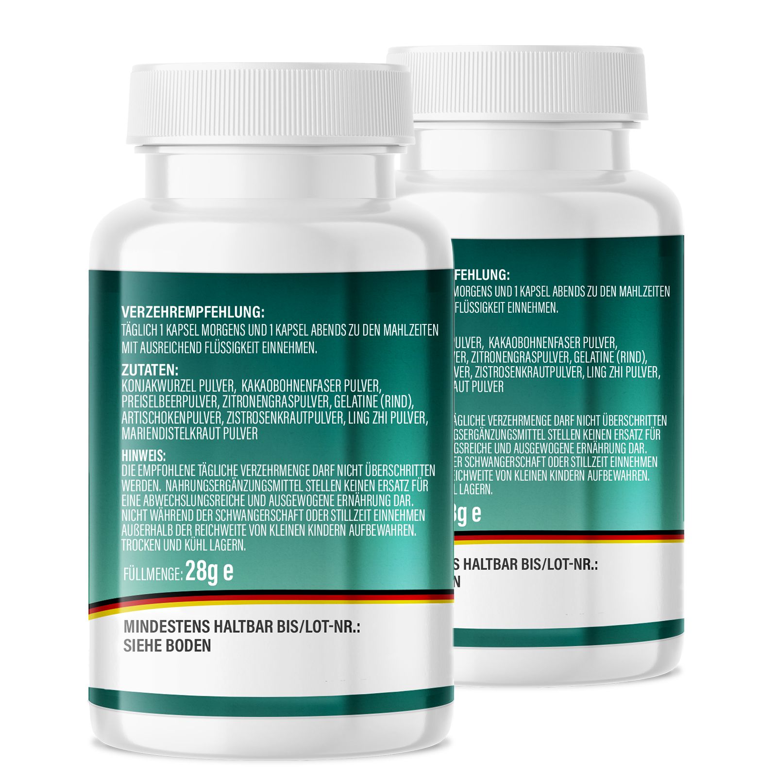 Zwei weiße Pillendosen mit grünen Etiketten. Aufschrift: Zutaten, Verzehrempfehlung, Mindestens haltbar bis. 28g.