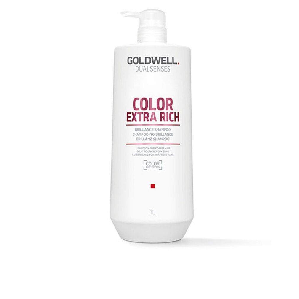Goldwell Dual Senses Color Extra Rich Shampoo. Weiße Flasche mit Pumpe. Rosa Schriftzug 'COLOR EXTRA RICH'. 1L-Angabe.