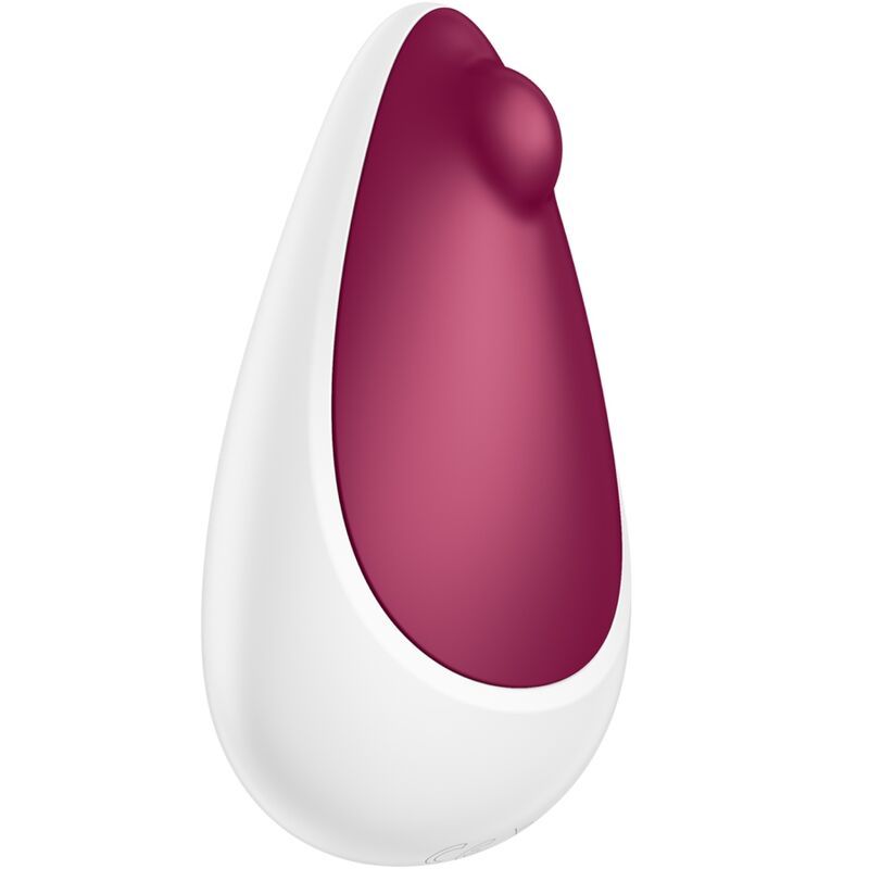 Lila und weißer Vibrator in Tropfenform mit einer kleinen, abgerundeten Spitze.