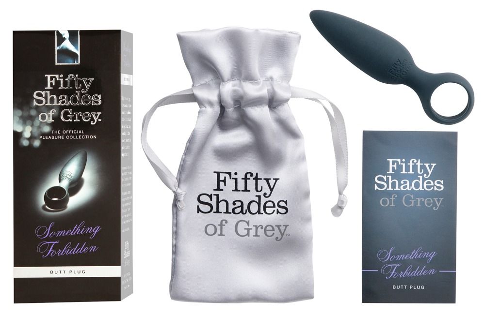 Produktverpackung, Beutel und Analplug. Aufschrift "Fifty Shades of Grey". Produktname "Something Forbidden".