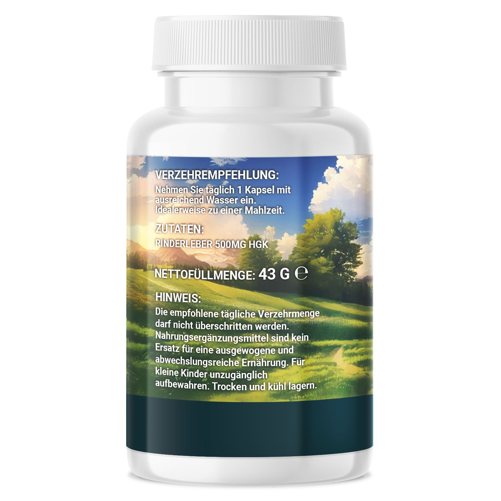 Weiße Kapsel-Flasche mit Etikett. Text: Rinderleber, 500mg HGK, Nettomenge 43g. Empfehlung: 1 Kapsel mit Wasser. Kühl und trocken lagern.