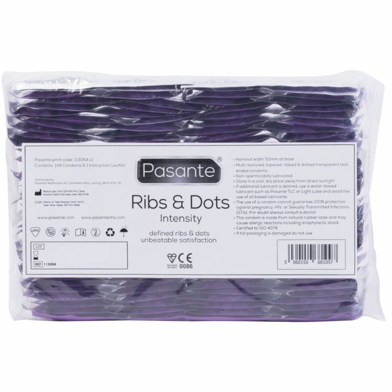 Große Packung Kondome. Produktname: Pasante Ribs & Dots Intensity. Verpackung mit CE-Kennzeichnung.
