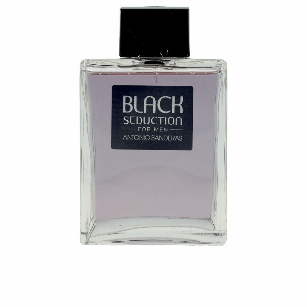 Flakon mit schwarzem Verschluss. Aufkleber mit "BLACK SEDUCTION FOR MEN" und "ANTONIO BANDERAS".