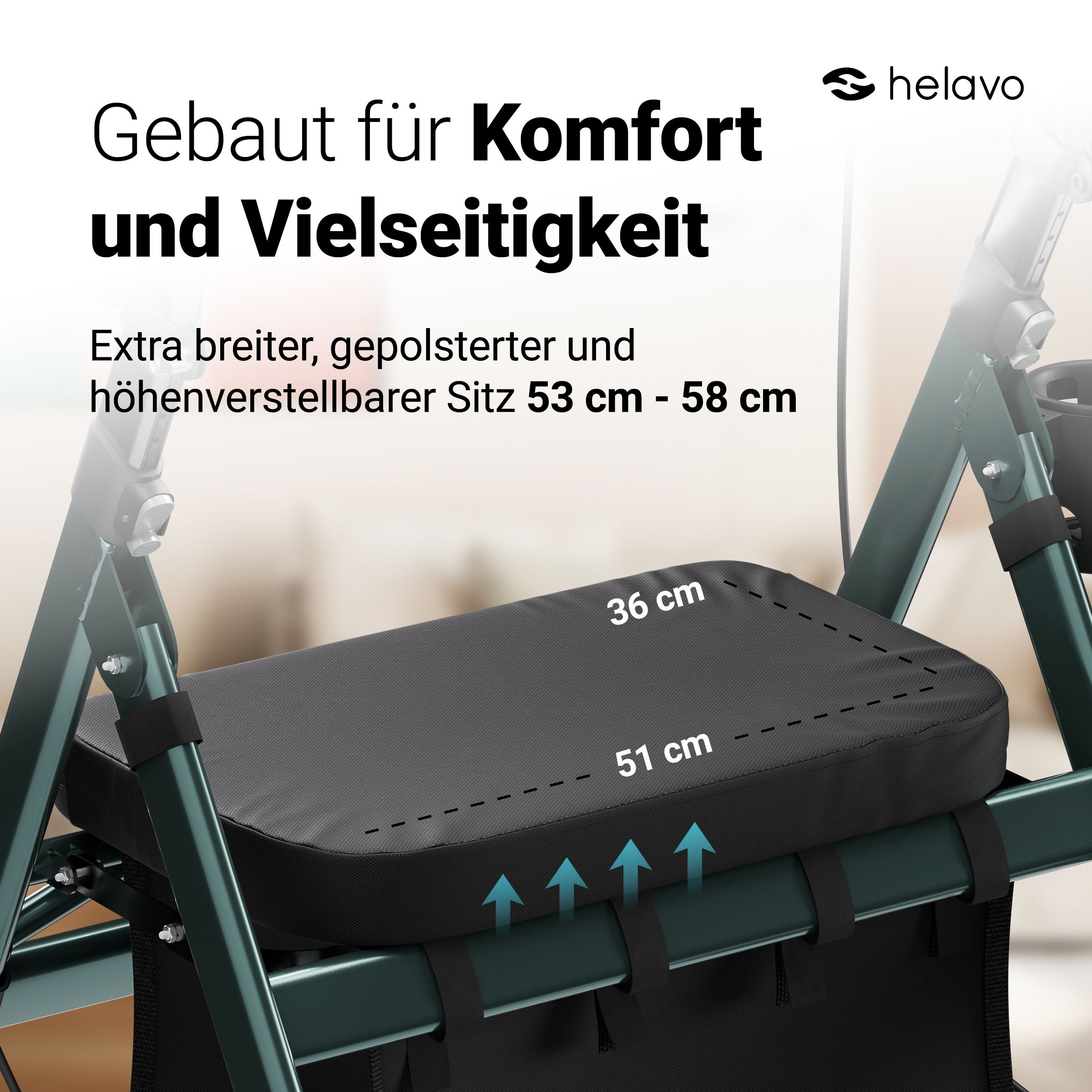 Rollator mit breitem, gepolstertem Sitz (53-58 cm).