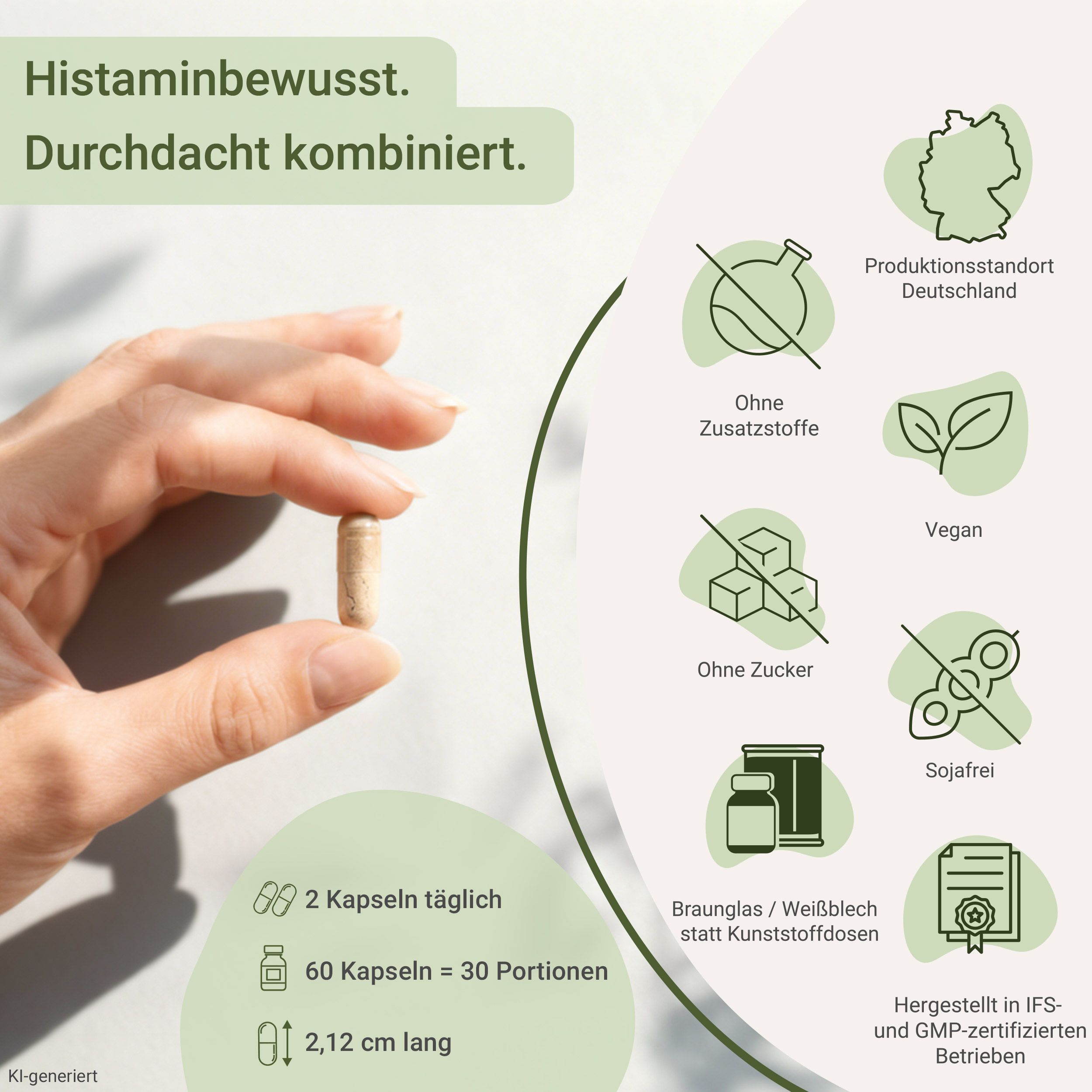 Hand hält Hista Komplex Kapsel, mit Details zu Kapselanzahl, Portionsgröße und Länge.