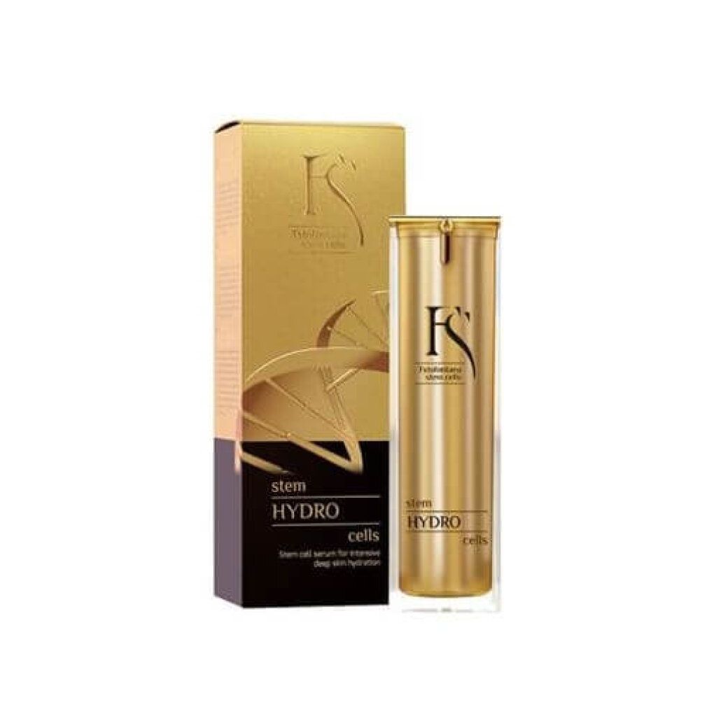Goldfarbene Flasche und Verpackung. Aufschrift: stem HYDRO cells. Logo: FS. Text: Stem Cell Serum für intensive Tiefenhydration.