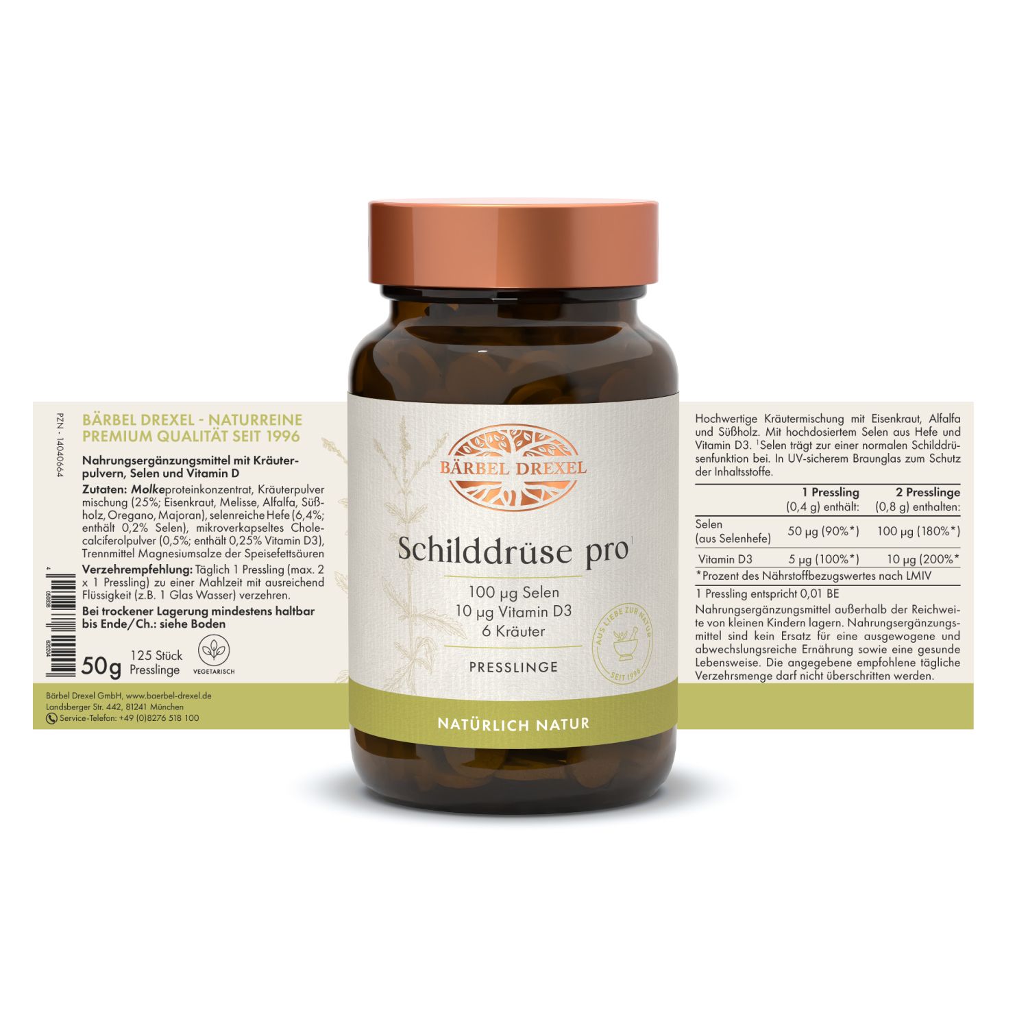 Produktetikett von Schilddrüse pro. Enthält Informationen zu Inhaltsstoffen, Dosierung und Nährwerten.