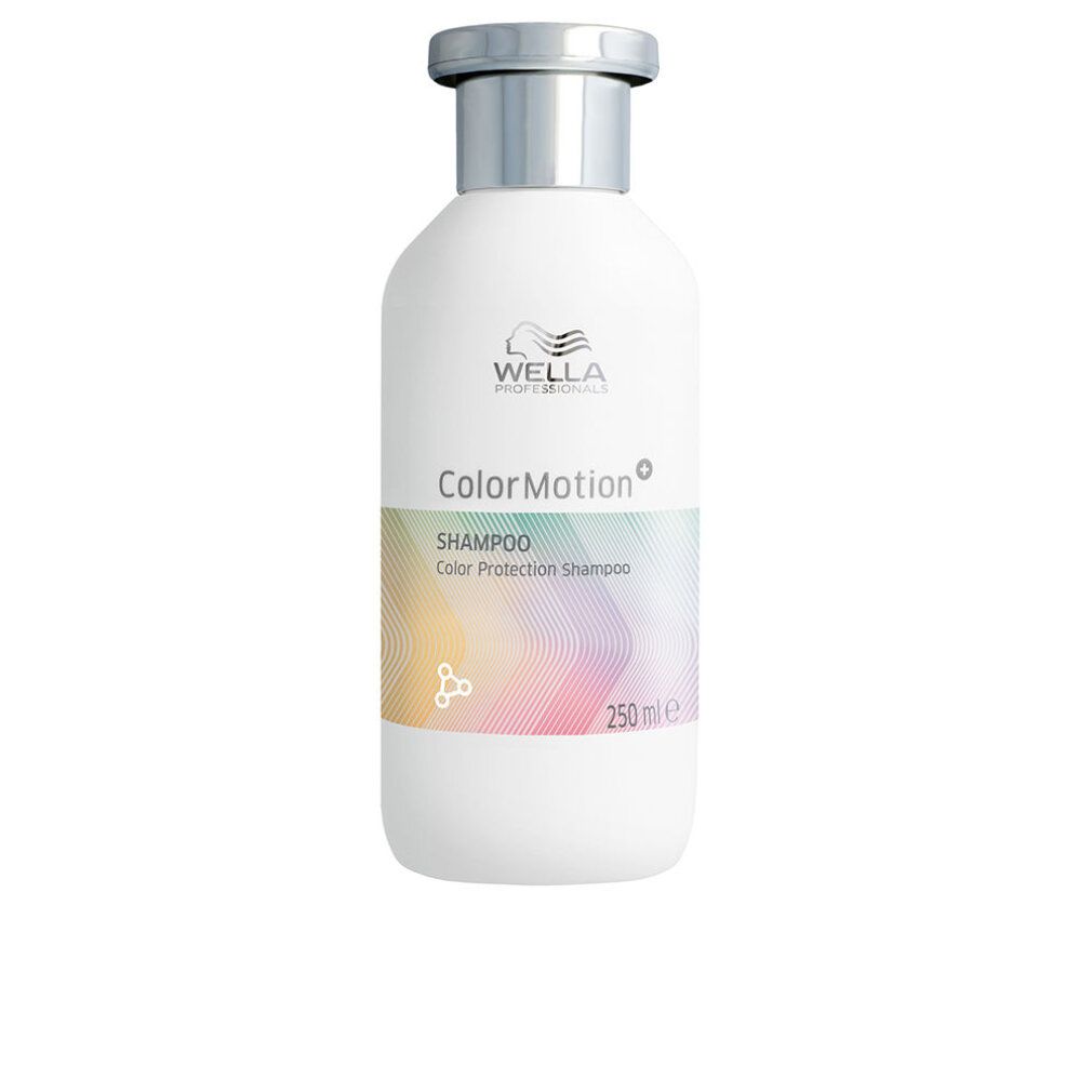Weiße Shampoo-Flasche mit silbernem Deckel. Aufschrift: Wella Color Motion+ Shampoo, 250 ml.