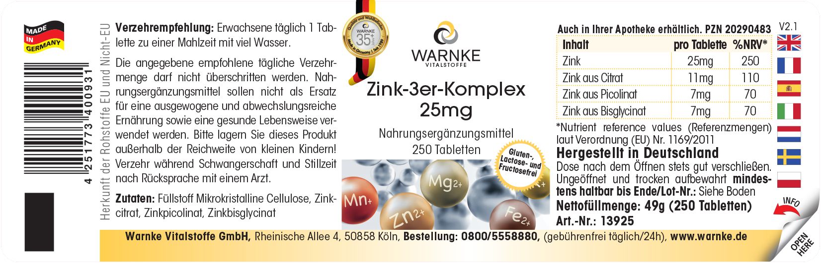 Etikett der Zink-3er-Komplex-Flasche. Beschriftung: Warnke Vitalstoffe, 25mg, 250 Tabletten. Inhaltsangaben und Herstellerinformationen.