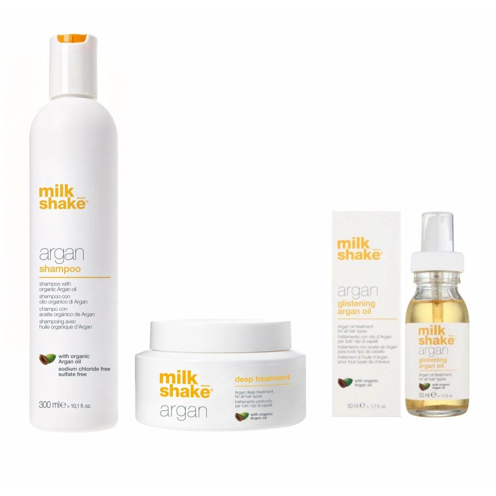 Vier Produkte: Shampoo, Öl, Creme und Verpackung. Aufschrift: Milk_shake argan. Mit Arganöl. Weißes Design.
