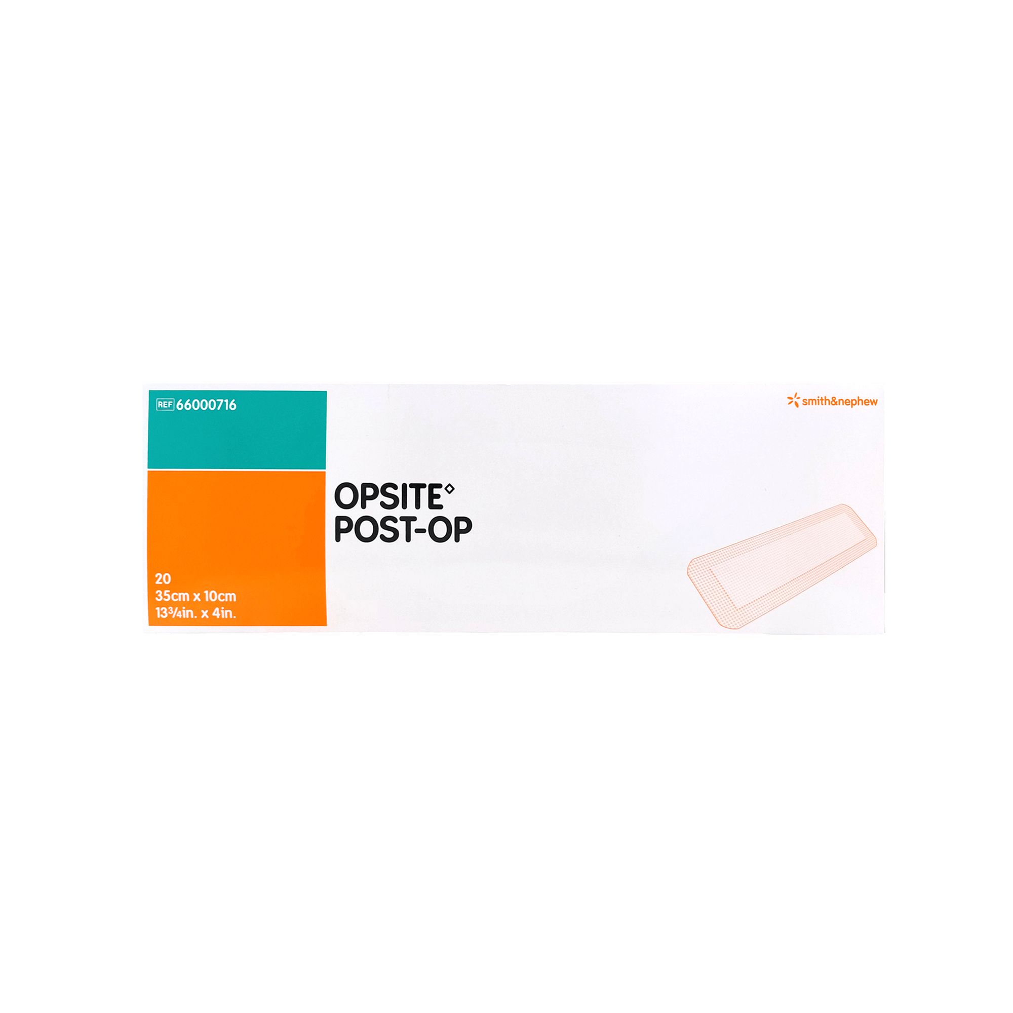 Verband OPSITE Post-Op. Verpackung mit Produktabbildung. Aufdruck: 10x35 cm. Hersteller Smith & Nephew.