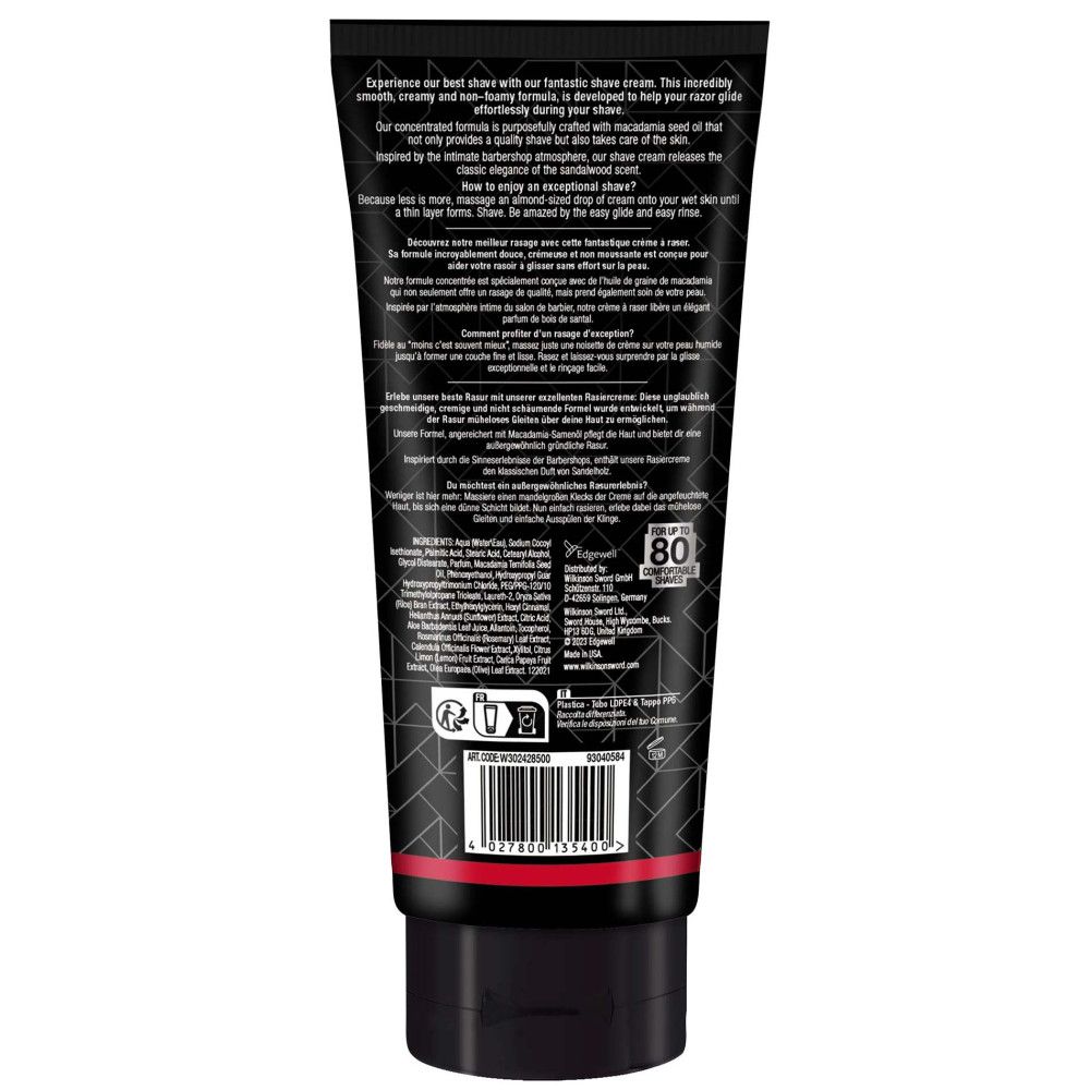 Rückseite der Rasiercreme-Tube. Schwarzer Hintergrund mit Text. Sichtbar sind Informationen und Symbole, sowie ein "80"-Zeichen.