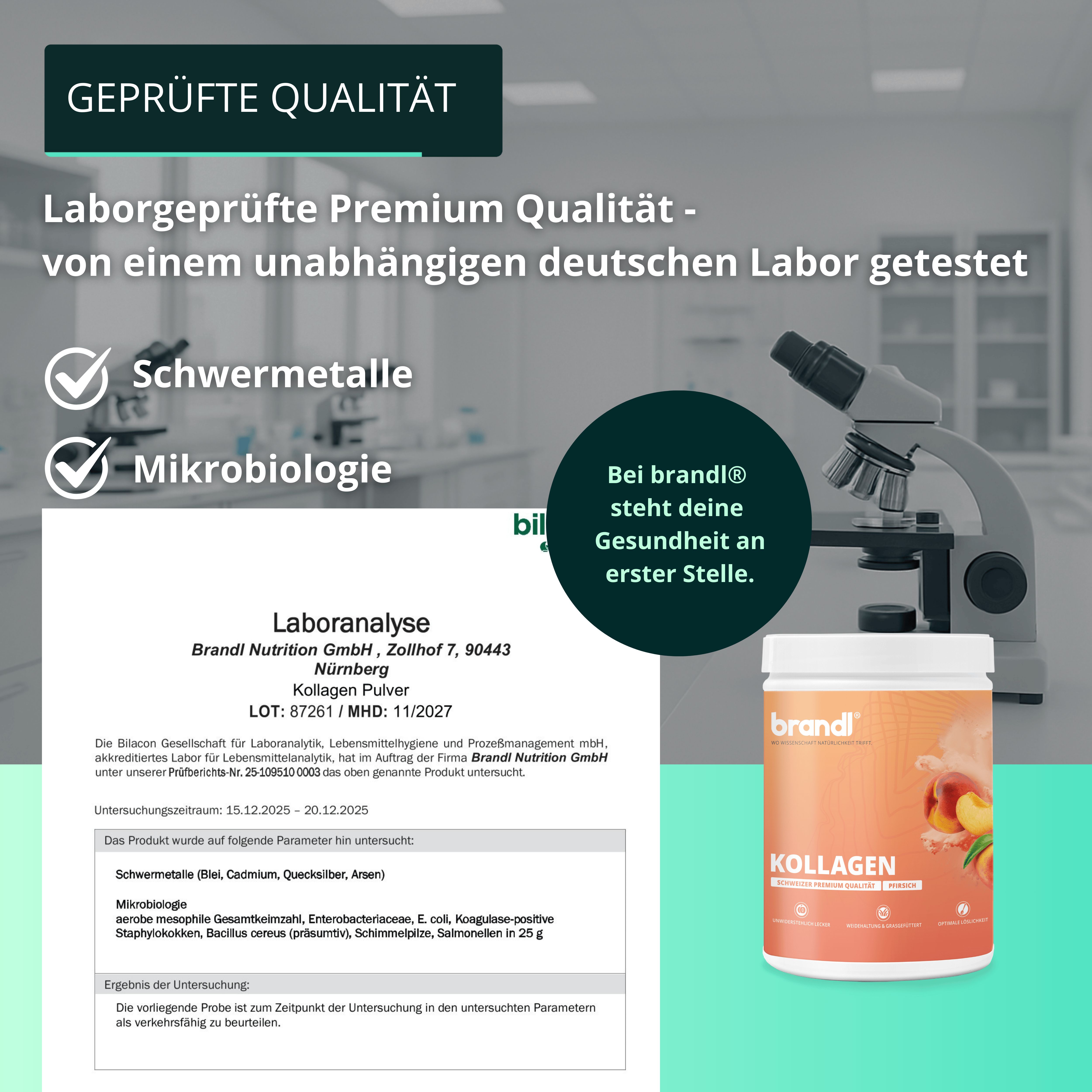 Produktglas 'brandl® Kollagen' neben Mikroskop und Laboranalyse. Text: 'Laborgeprüfte Premium Qualität'.