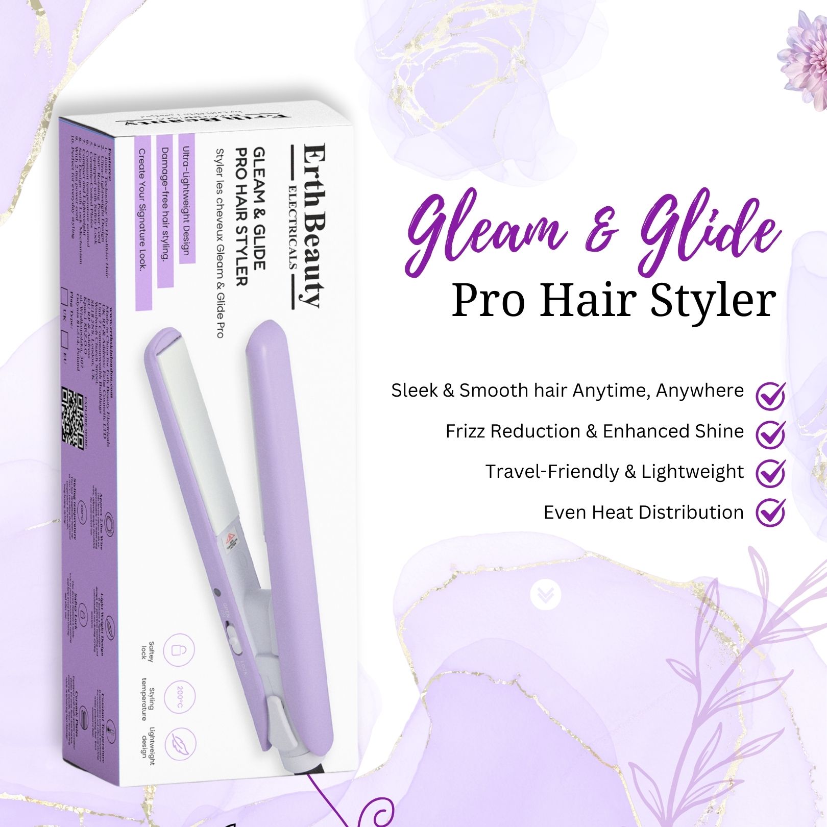 Haarglätter in Verpackung. Erth Beauty, Gleam & Glide Pro Hair Styler. Lila und weiß. Ultra-leichtes Design, schädigungsfreies Styling.